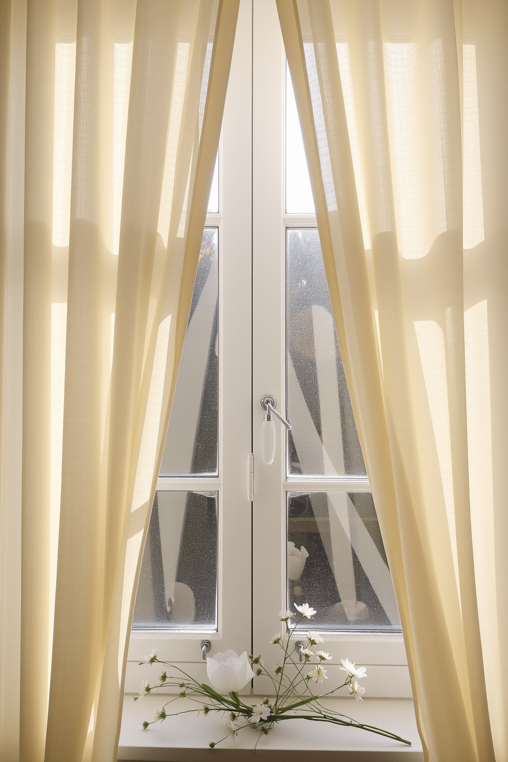 A serene window scene adorned with pastel curtains that gently filter sunlight, creating a soft and inviting atmosphere. The curtains are complemented by delicate floral accents on the window sill, enhancing the fresh and airy feel of the space.