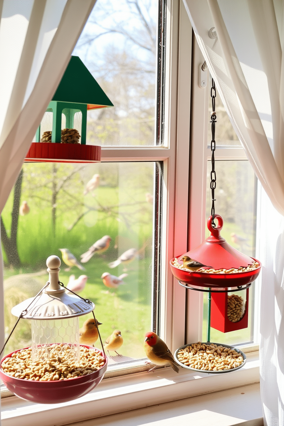 A charming spring window scene featuring colorful bird feeders filled with seeds. The window is adorned with light sheer curtains, allowing natural sunlight to illuminate the vibrant wildlife gathered outside.