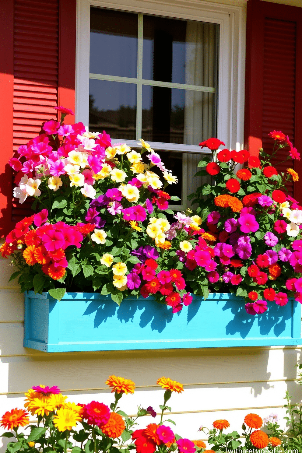 Brightly painted window boxes overflowing with vibrant flowers create a cheerful spring atmosphere. The window boxes are adorned with a mix of colorful blooms, including petunias, geraniums, and marigolds, set against a backdrop of a charming cottage-style home.