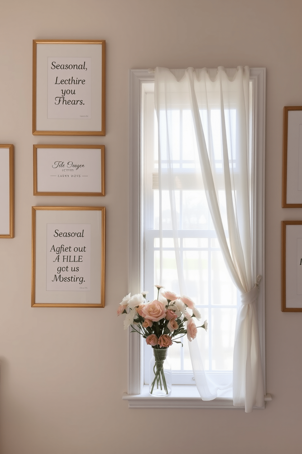 Seasonal quotes displayed in elegant frames adorn the walls, each framed in a chic, minimalist style. The frames are arranged in a gallery layout, creating a vibrant focal point that celebrates the essence of spring. The window is adorned with sheer white curtains that gently filter the sunlight, enhancing the fresh ambiance of the room. A delicate arrangement of blooming flowers in pastel colors sits on the windowsill, adding a touch of nature and warmth.