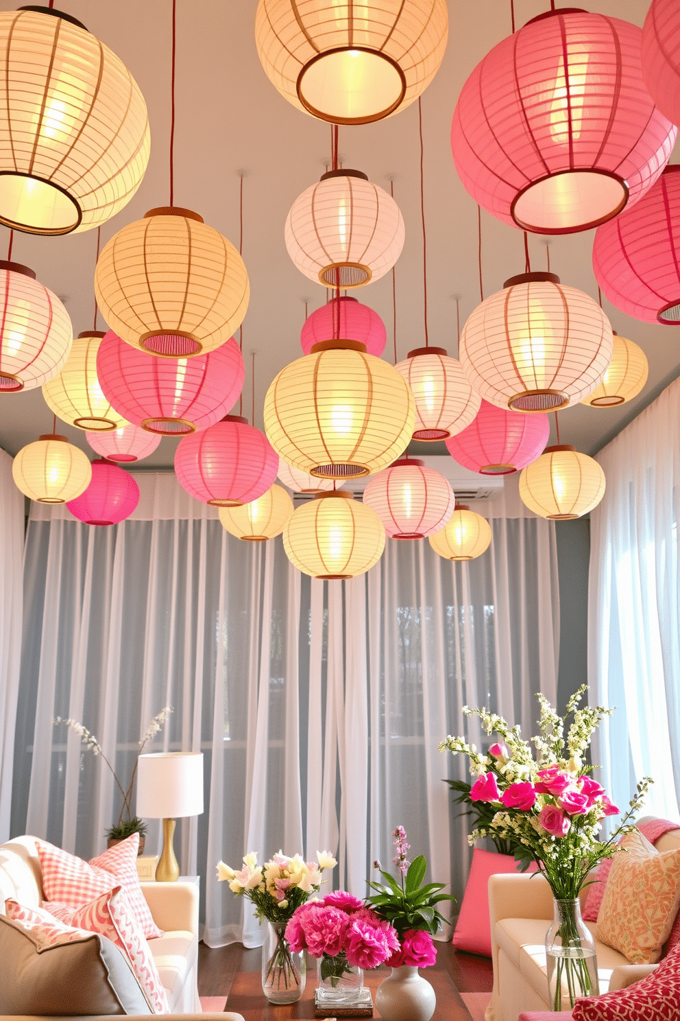 A vibrant living room adorned with hanging paper lanterns in various colors, casting a warm glow throughout the space. The lanterns are suspended at different heights from the ceiling, creating a whimsical atmosphere perfect for gatherings. Bright floral arrangements and pastel-colored accents bring a fresh touch to the room, complementing the lanterns. Soft, sheer curtains flutter gently in the breeze, enhancing the cheerful spring ambiance.