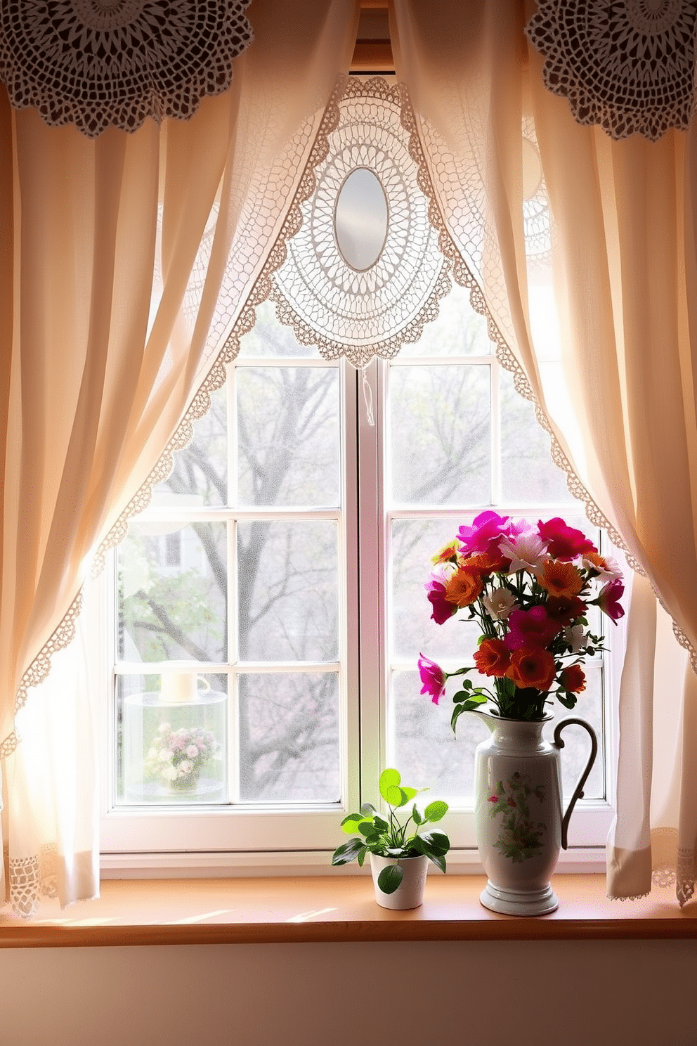 A charming window display adorned with delicate lace doilies that add a vintage touch. Soft pastel curtains frame the window, allowing natural light to filter through and illuminate the doilies’ intricate patterns. Fresh flowers in a vintage vase sit on the windowsill, complementing the lace with their vibrant colors. A small potted plant adds a touch of greenery, enhancing the springtime ambiance of the decor.