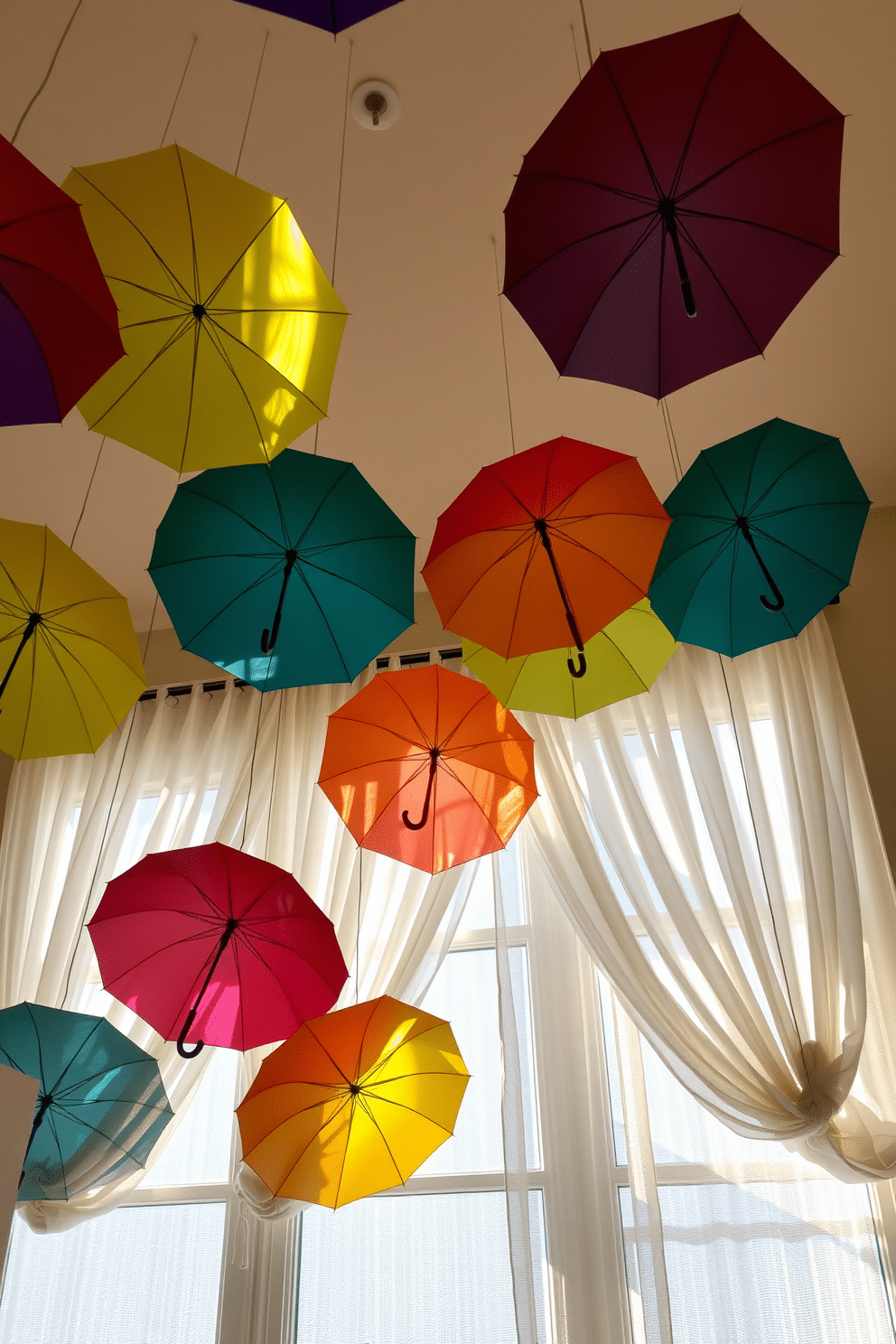 Colorful umbrellas hang from the ceiling as whimsical decor, creating a vibrant and cheerful atmosphere. The windows are adorned with sheer white curtains that flutter gently, allowing soft sunlight to filter through while showcasing the playful umbrellas.