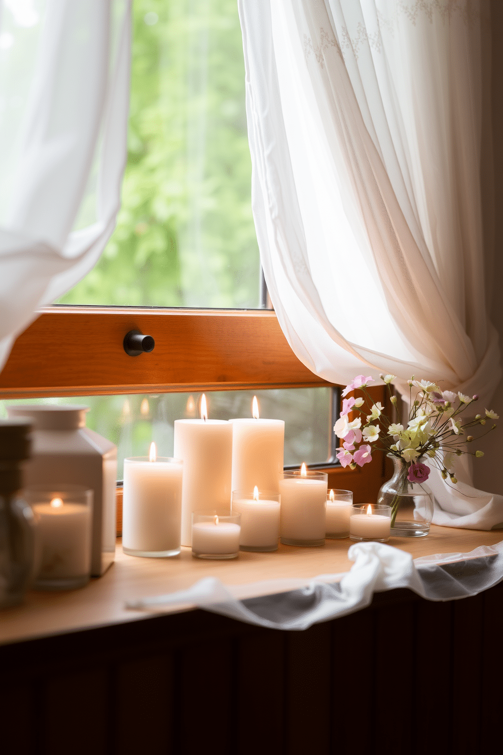 Fragrant candles arranged on a wooden windowsill create a warm and inviting atmosphere. Soft, flickering light dances across the room, enhancing the fresh aroma that fills the air. Delicate floral arrangements in pastel colors are placed beside the candles, adding a touch of spring elegance. Sheer white curtains gently flutter in the breeze, allowing natural light to illuminate the space.