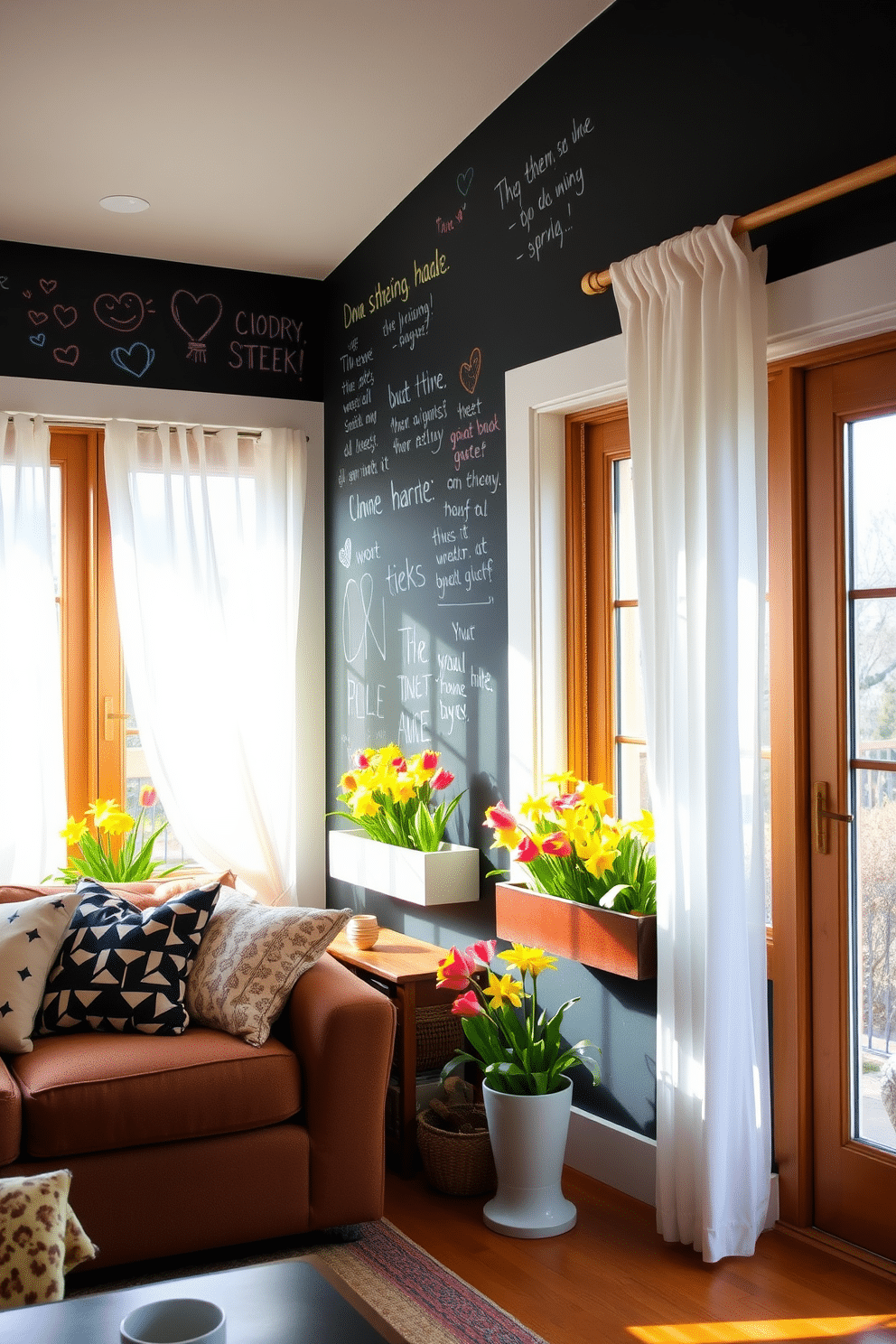 A cozy living room featuring chalkboard paint on one wall for creative messages. The wall is adorned with colorful chalk drawings and inspiring quotes, adding a playful touch to the space. For spring window decorating ideas, imagine sheer white curtains fluttering in the breeze, complemented by vibrant flower boxes filled with blooming tulips and daffodils. Sunlight streams through the windows, illuminating the cheerful colors and creating a warm, inviting atmosphere.