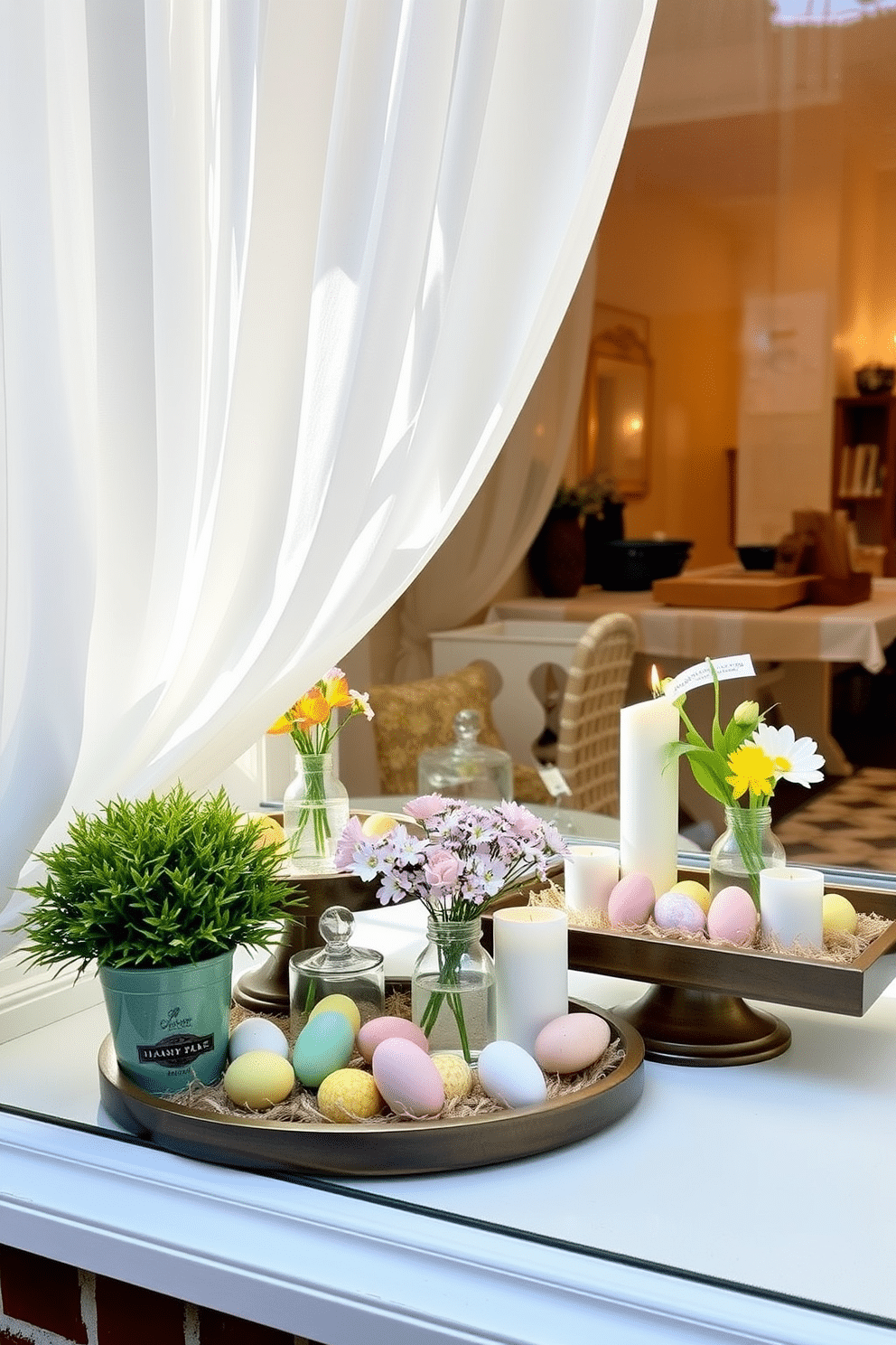 A bright and cheerful window display featuring decorative trays filled with seasonal spring items. The trays include pastel-colored eggs, fresh flowers in small vases, and scented candles, creating a warm and inviting atmosphere. Sheer white curtains flutter gently in the breeze, allowing natural light to illuminate the vibrant decorations. A small potted plant sits on the windowsill, complementing the overall spring theme and adding a touch of greenery.