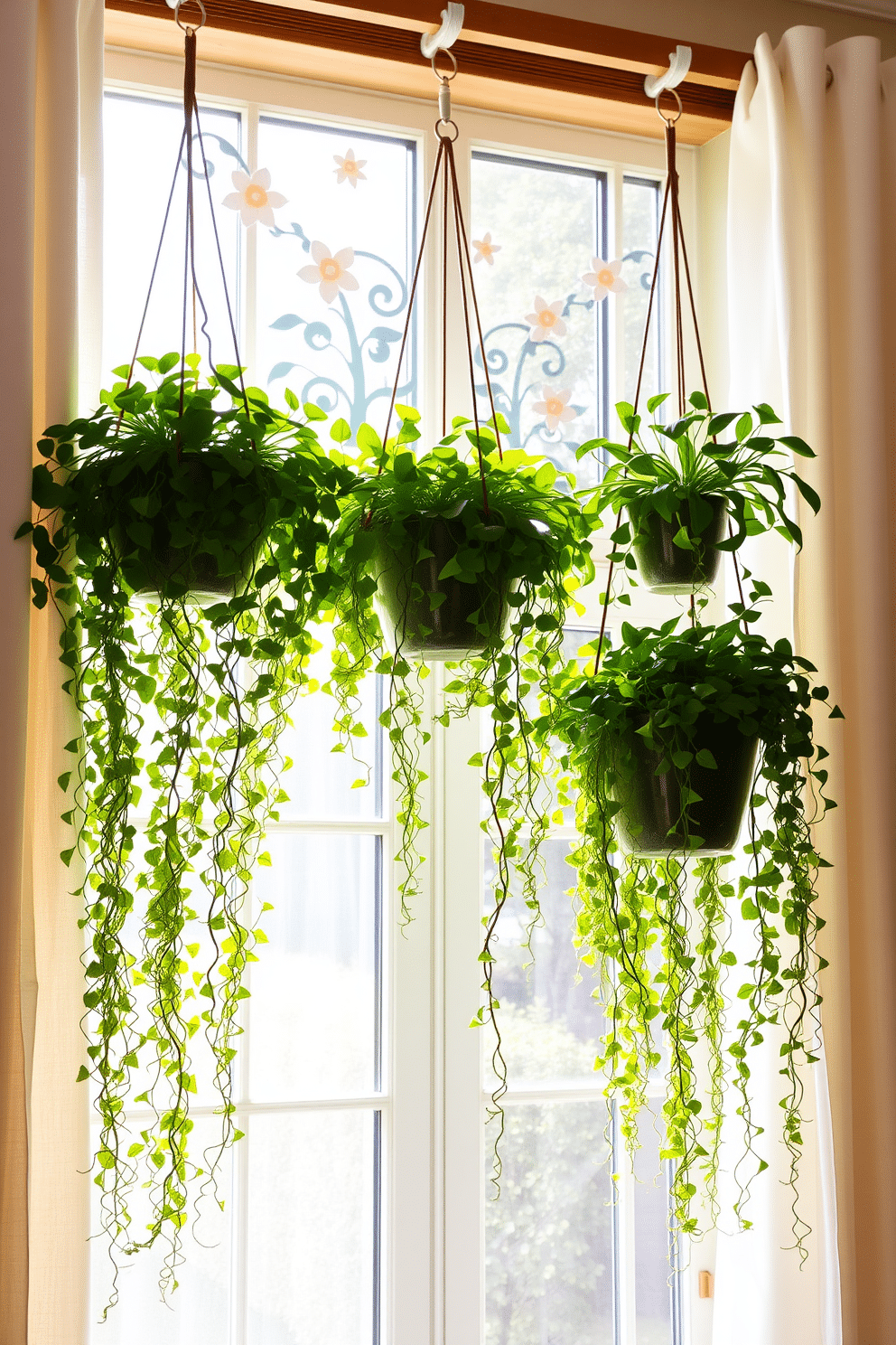 Hanging planters filled with lush trailing greenery create a vibrant and inviting atmosphere in a sunlit room. The planters are suspended at varying heights from a wooden beam, allowing the plants to cascade gracefully towards the floor. Delicate spring-themed decorations adorn the window, featuring soft pastel colors and floral patterns. Light, airy curtains frame the window, enhancing the natural light and highlighting the beauty of the greenery.