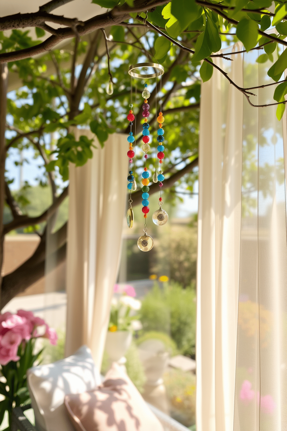 Whimsical wind chimes hang gracefully from a tree branch, their colorful beads catching the sunlight and creating a playful dance in the breeze. Below, a cozy seating area features plush cushions and a small table, inviting guests to relax and enjoy the gentle sounds of nature. Spring window decorating ideas bring fresh life to your home with vibrant floral arrangements and cheerful pastel colors. Delicate sheer curtains flutter softly in the breeze, framing the view of blooming gardens and brightening the space with natural light.