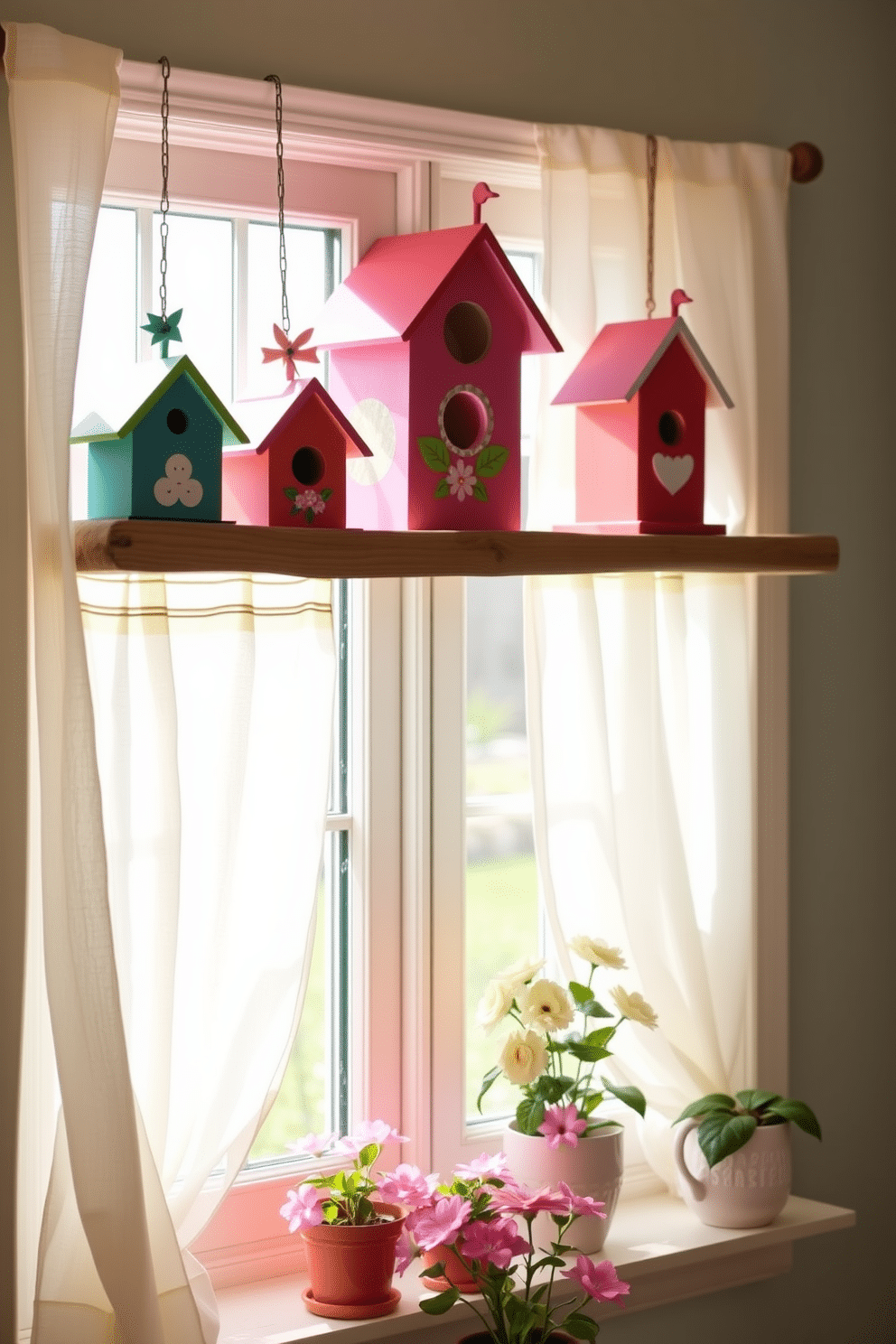 Decorative birdhouses in vibrant colors are arranged on a rustic wooden shelf. Each birdhouse features unique designs, such as floral patterns and playful shapes, adding a whimsical touch to the decor. For spring window decorating ideas, sheer white curtains flutter gently in the breeze, allowing natural light to illuminate the space. Potted flowers in pastel hues are placed on the windowsill, creating a cheerful and inviting atmosphere.