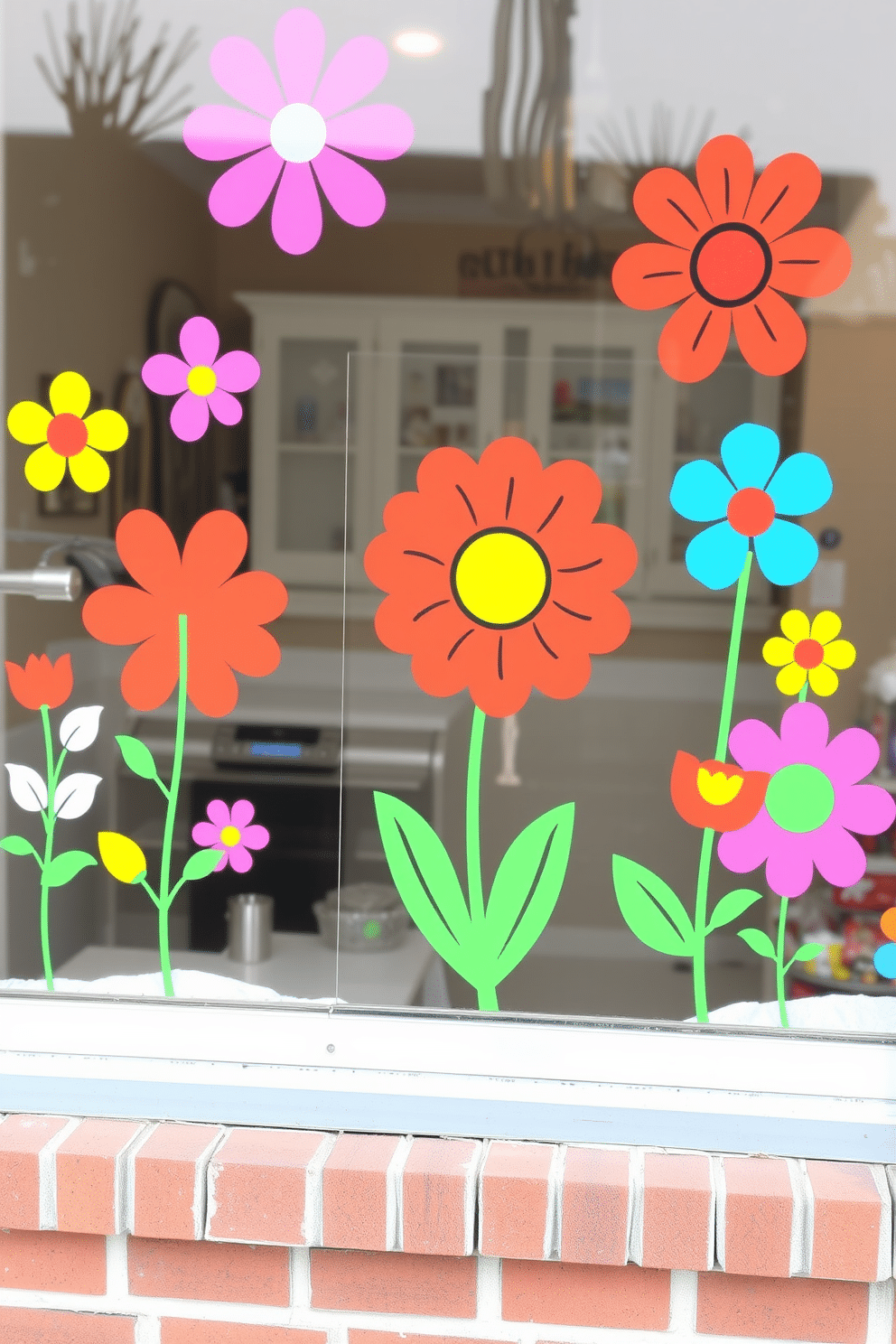 Brightly colored window clings create a cheerful atmosphere for spring. These clings feature vibrant floral designs and playful shapes that enhance any window display.