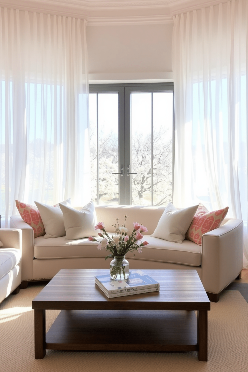 A bright and airy living room adorned with sheer curtains that gently filter sunlight. The curtains frame a large window, enhancing the room's openness while showcasing a view of blooming spring flowers outside. The space features a cozy seating arrangement with a light-colored sofa and pastel throw pillows. A wooden coffee table sits in the center, decorated with a small vase of fresh flowers and a stack of design books.