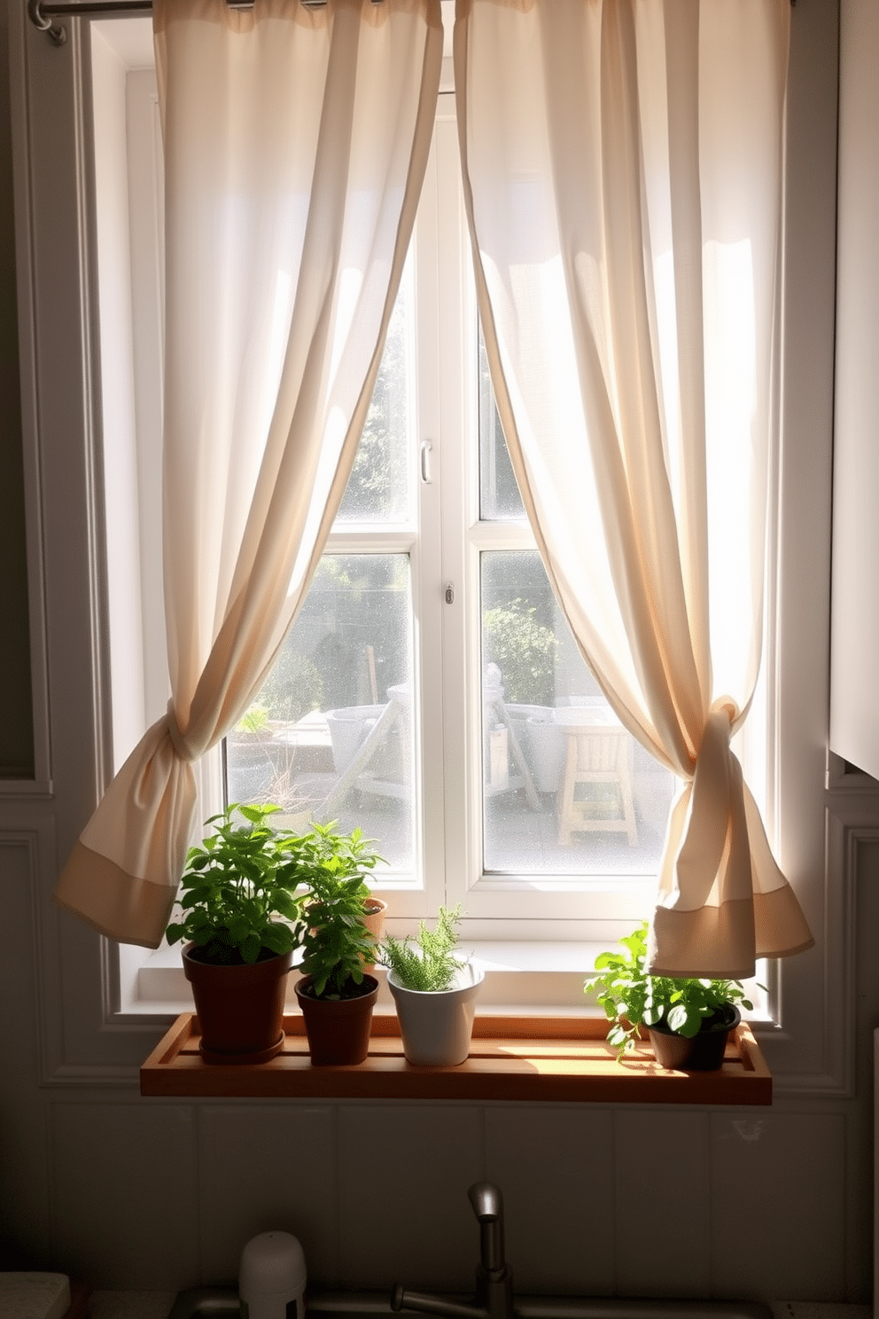 A bright kitchen window adorned with potted herbs adds a touch of freshness and greenery. The pots are arranged neatly on the windowsill, showcasing a variety of herbs such as basil, rosemary, and thyme. Delicate curtains in a light, airy fabric filter the sunlight, enhancing the inviting atmosphere. A small wooden shelf below the window holds additional kitchen essentials, creating a cozy and functional space.