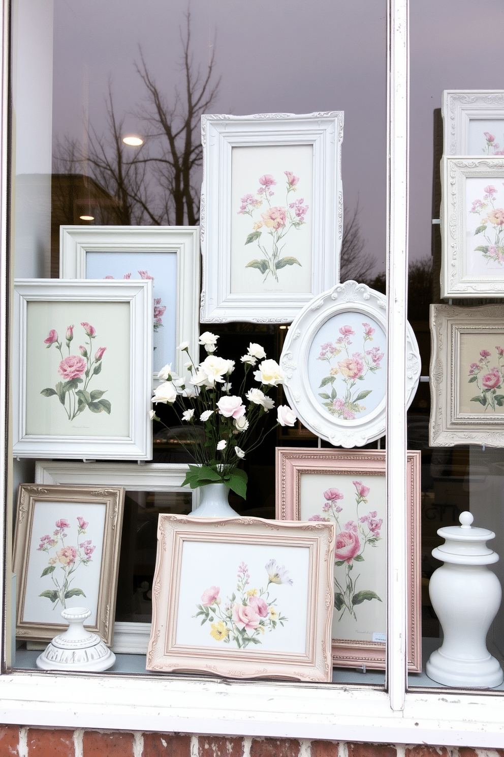 Create a charming window display adorned with vintage frames showcasing seasonal artwork that celebrates the essence of spring. The frames should be arranged in an eclectic style, featuring pastel colors and floral designs that complement the bright and airy atmosphere of the season.