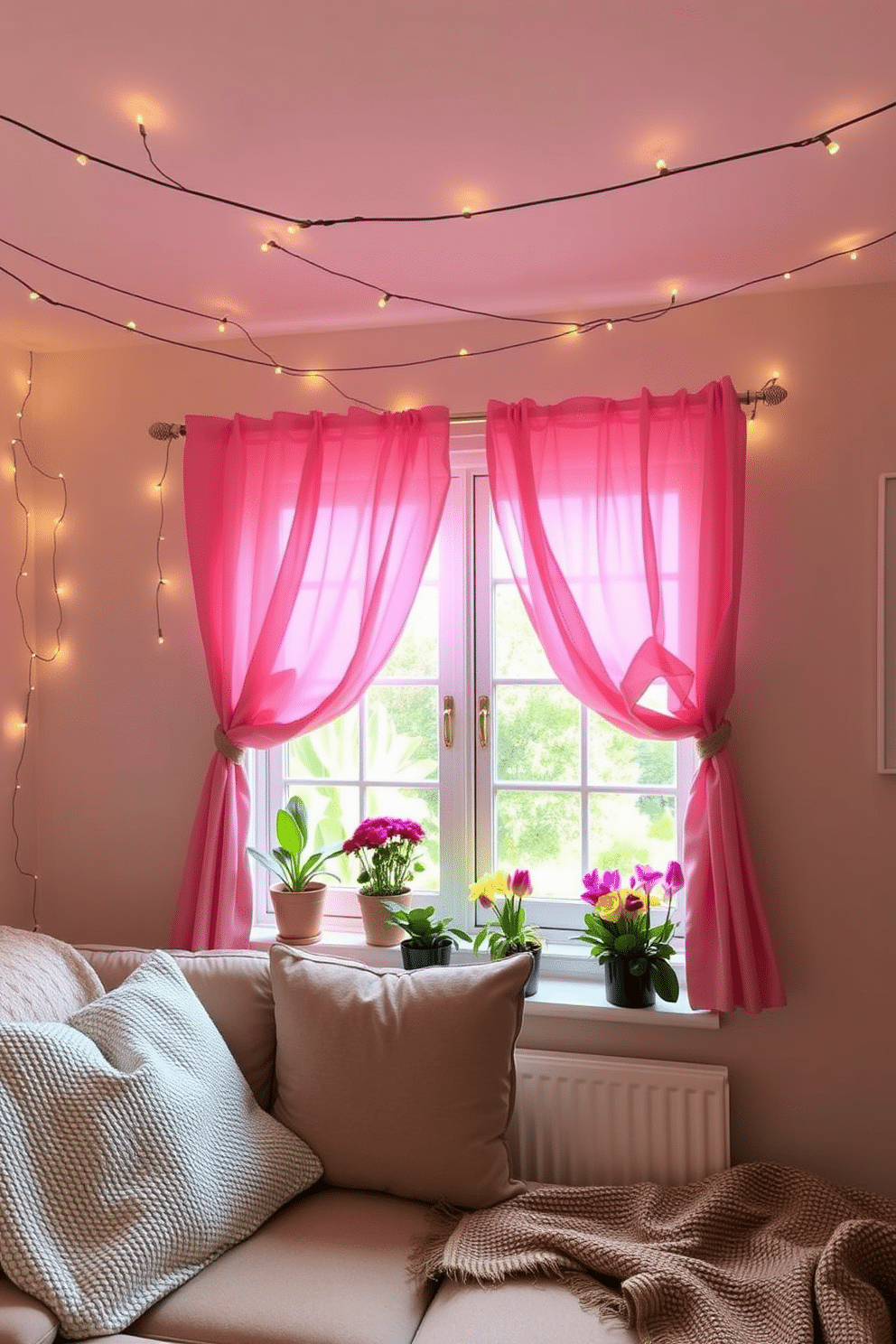 A charming living room decorated with string lights draped across the ceiling creating a warm and inviting atmosphere. Soft cushions and a textured throw blanket are arranged on a plush sofa, enhancing the cozy vibe of the space. Bright and cheerful spring window decorations featuring pastel-colored curtains that flutter gently in the breeze. Potted flowers in vibrant hues sit on the windowsill, bringing life and color to the room while allowing natural light to filter through.