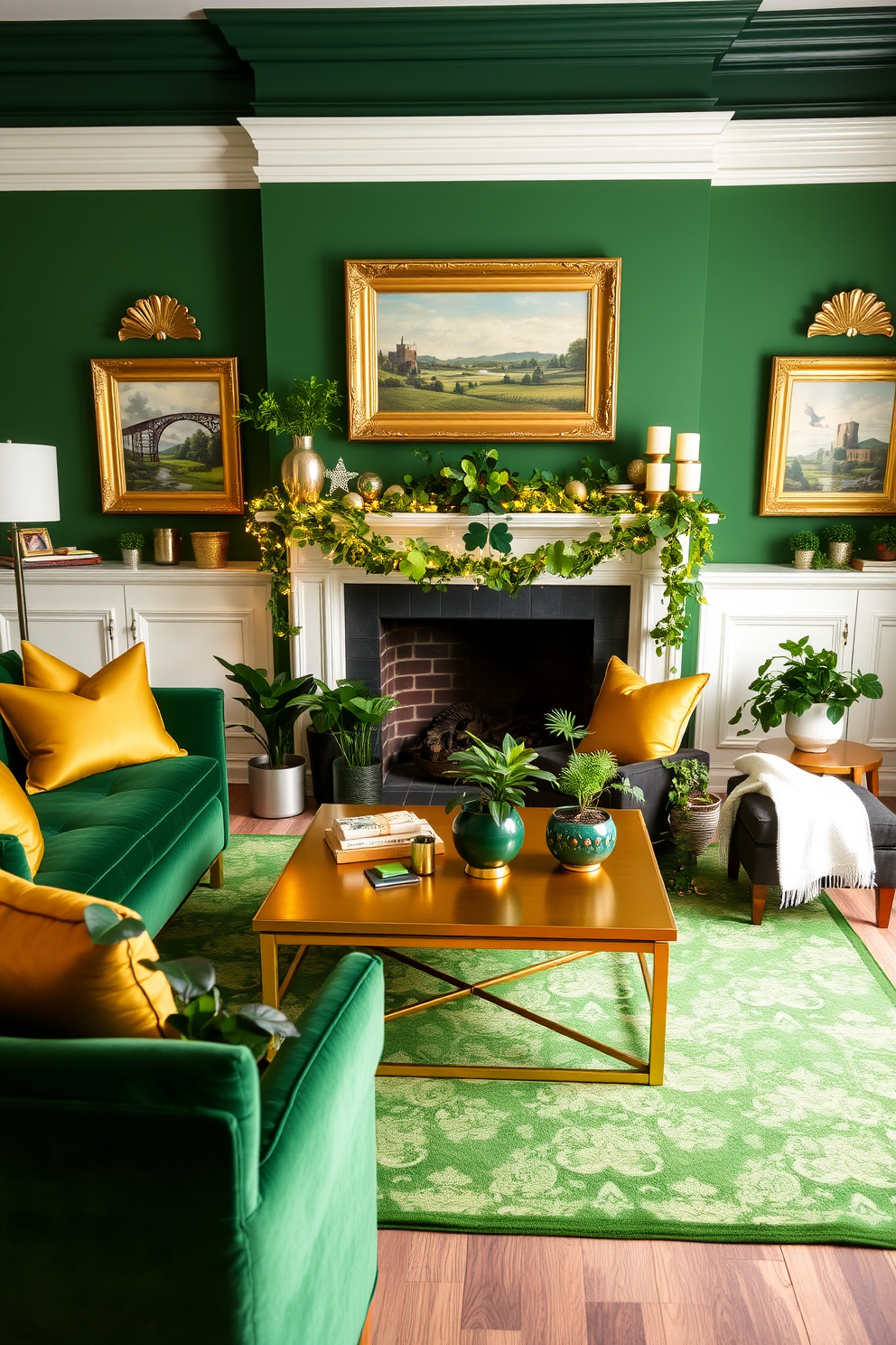 A vibrant living room adorned in a green and gold color scheme, featuring a plush emerald green sofa accented with golden throw pillows. A striking gold coffee table sits in the center, surrounded by a collection of potted plants that add a fresh touch to the space. For St. Patrick's Day, the room is decorated with whimsical touches like shamrock-patterned table runners and golden fairy lights draped across the mantel. Elegant gold-framed artwork depicting Irish landscapes adorns the walls, enhancing the festive atmosphere while maintaining a sophisticated look.