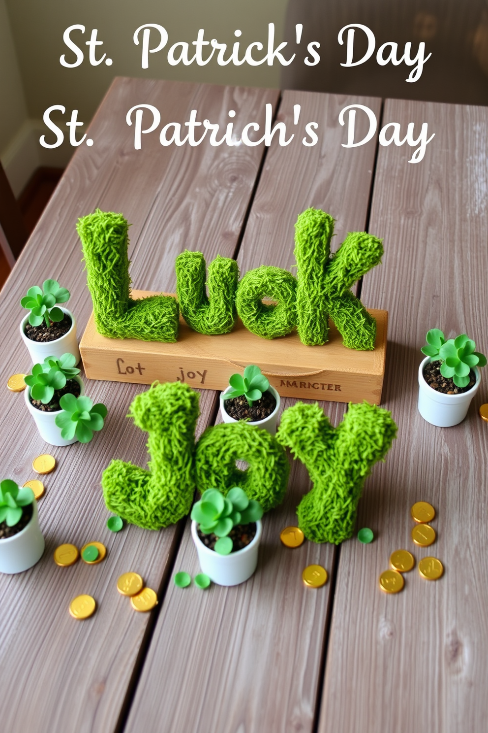 A whimsical St. Patrick's Day display featuring moss-covered letters spelling out festive words like 