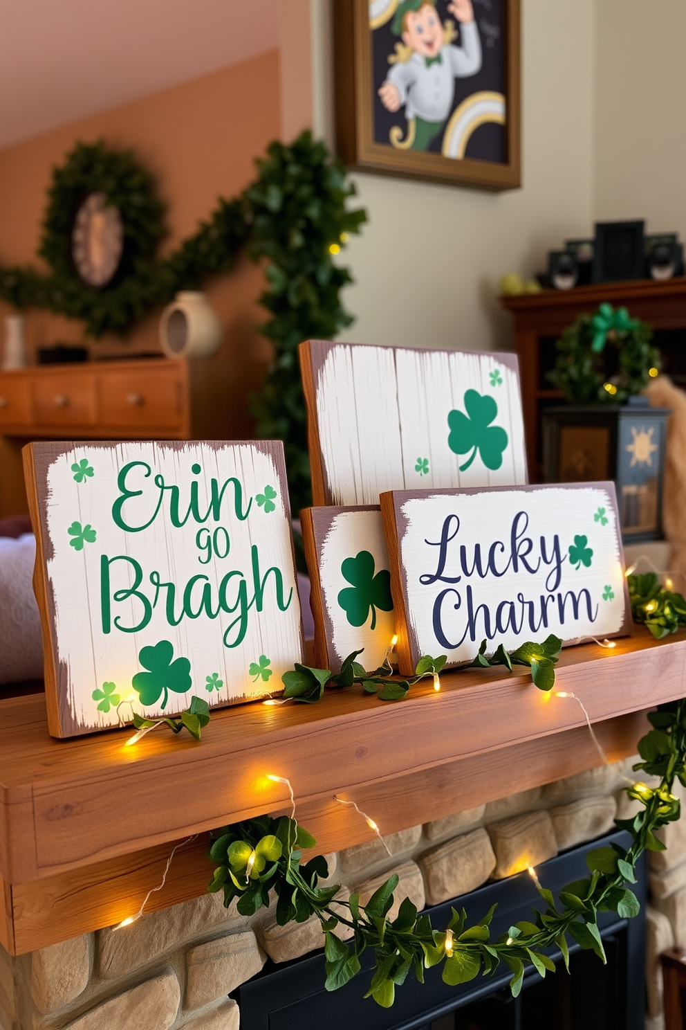 A charming St. Patrick's Day decoration featuring rustic wooden signs. The signs are hand-painted with festive phrases like 