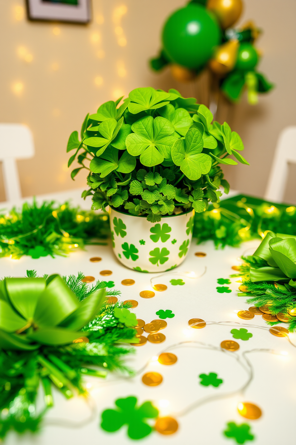 A festive St. Patrick's Day setting featuring a table adorned with scattered gold coins and vibrant green decorations. The centerpiece includes a lush arrangement of shamrocks in a decorative pot, complemented by twinkling fairy lights intertwined around the table edges.