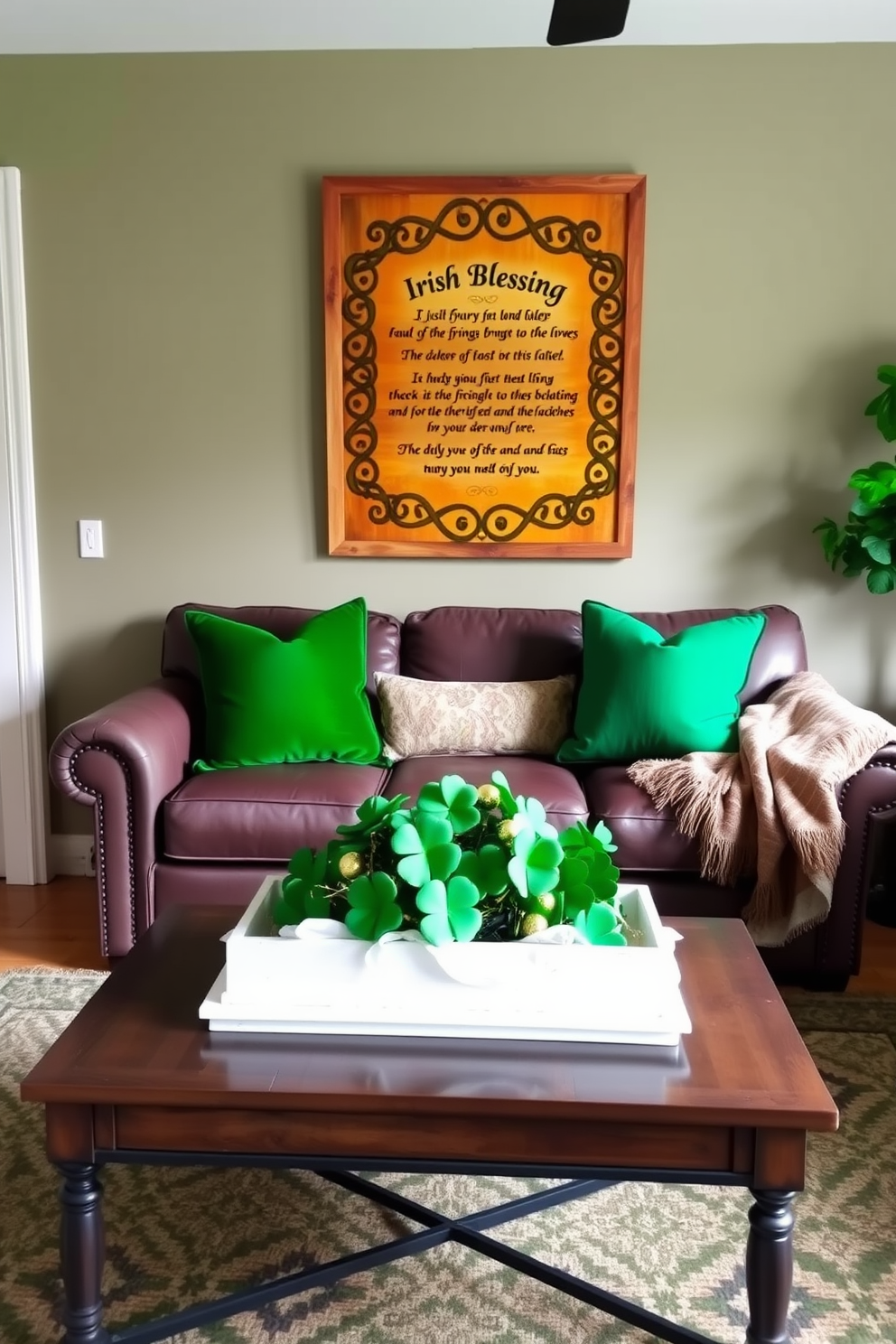 A charming living room adorned with Irish blessing wall art that features intricate Celtic designs and warm, inviting colors. The art piece is framed in a rustic wood frame, adding a touch of authenticity to the space. For St. Patrick's Day, the room is decorated with vibrant green accents, including plush throw pillows and a cozy blanket draped over the sofa. A festive centerpiece on the coffee table showcases a mix of shamrocks and gold accents, creating a cheerful atmosphere.