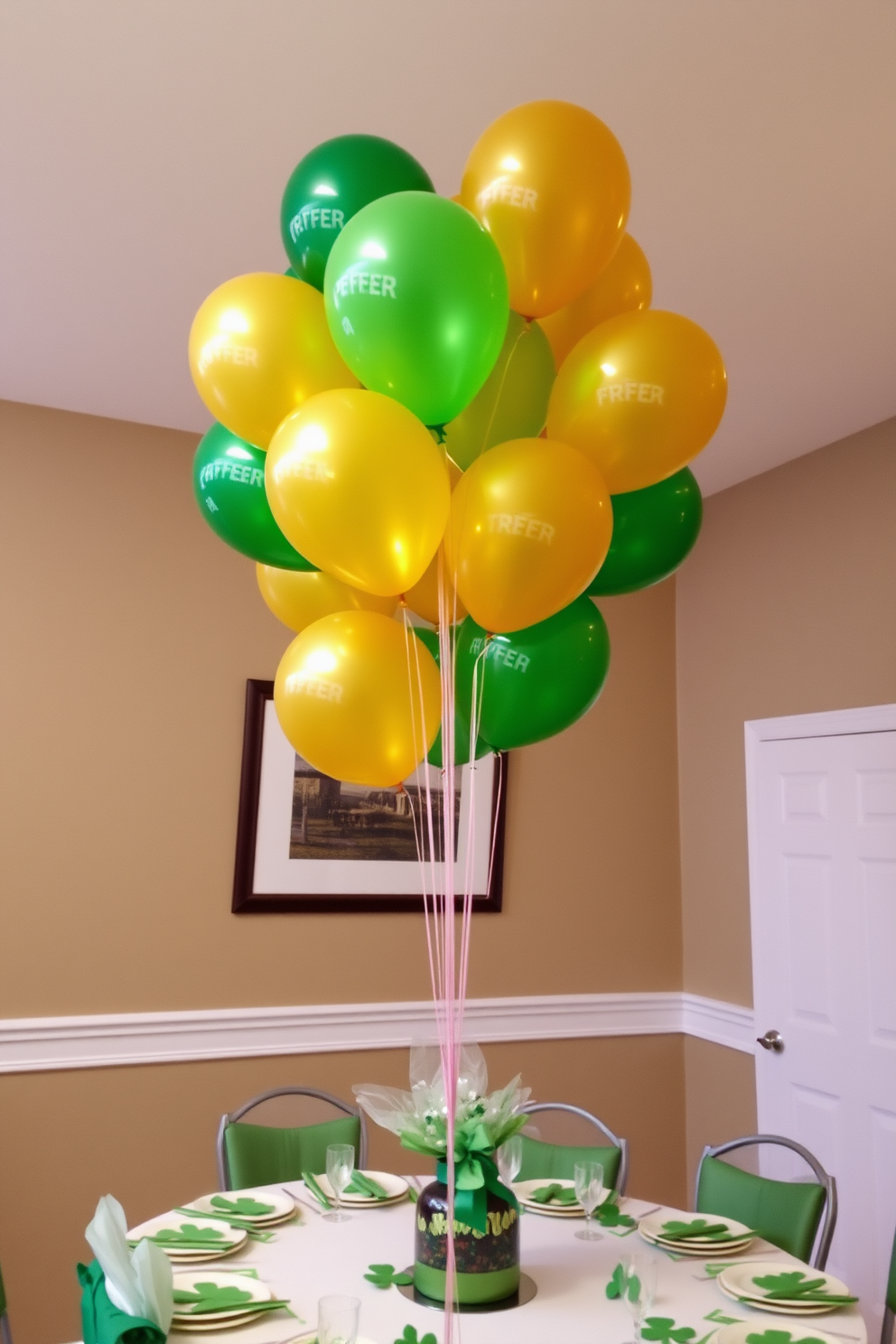 A festive St. Patrick's Day celebration features an array of green and gold balloons floating gracefully above a beautifully set table. The balloons are clustered together, creating a vibrant focal point, while shamrock-themed decorations adorn the table, enhancing the cheerful atmosphere.