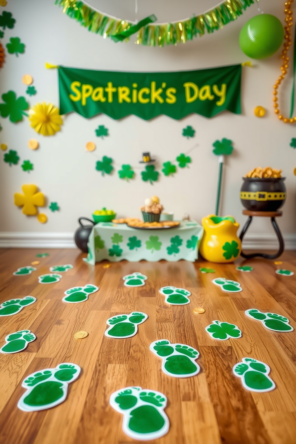 A whimsical St. Patrick's Day scene featuring leprechaun footprints stickers scattered across a hardwood floor, leading to a festive display. Colorful decorations, including shamrocks and gold coins, adorn the walls, while a cheerful green and gold banner hangs above a table set with themed treats.