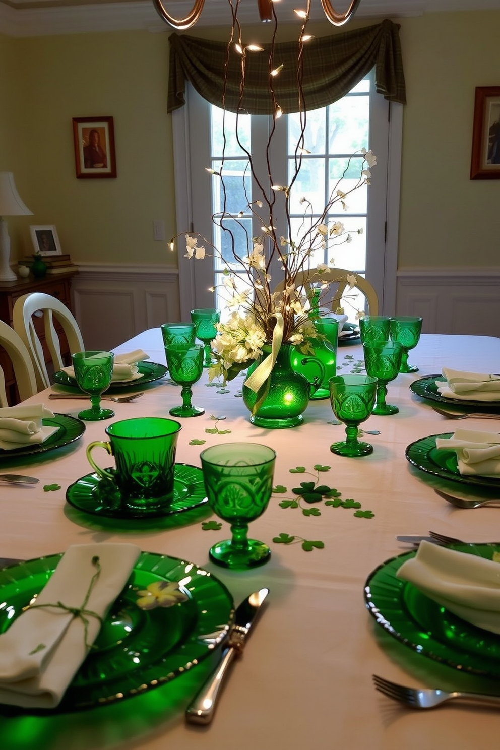 A charming St. Patrick's Day table setting featuring vintage green glassware. The table is adorned with a crisp white tablecloth, and the green glassware glimmers in the soft light, creating an inviting atmosphere. Scattered shamrock accents and delicate white flowers complement the vintage pieces. Twinkling fairy lights are woven through the centerpiece, enhancing the festive mood while adding a touch of elegance.