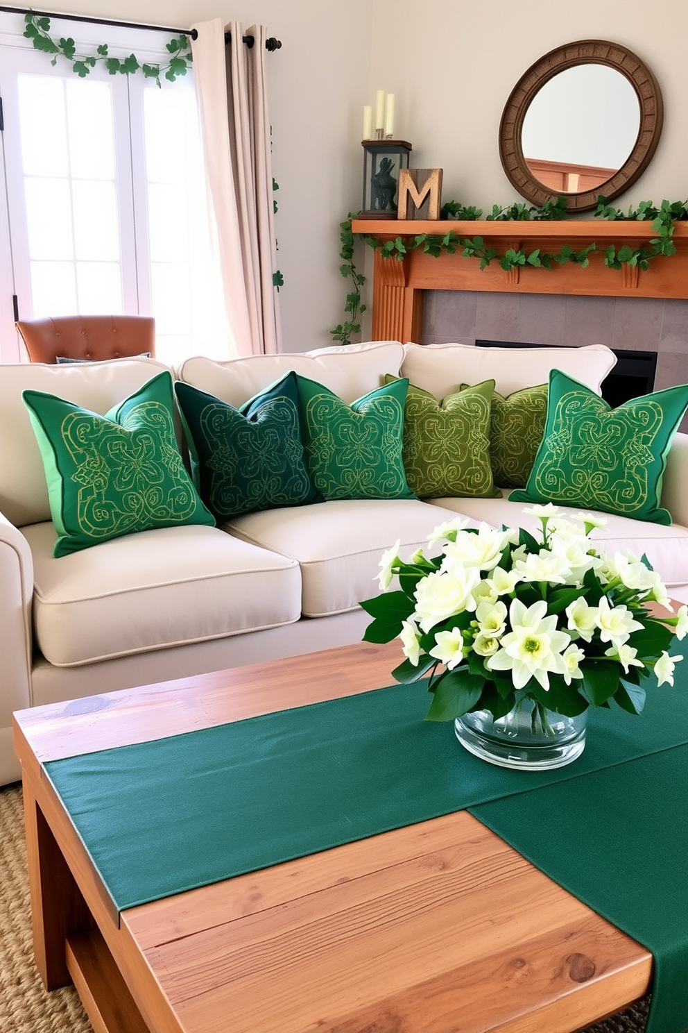 A cozy living room adorned with Irish-themed throw pillows that feature traditional Celtic patterns in shades of green and gold. The pillows are arranged on a plush, cream-colored sofa, complemented by a warm, rustic coffee table made of reclaimed wood. For St. Patrick's Day, the room is decorated with subtle accents like shamrock garlands draped over the mantelpiece and a festive green table runner. A cheerful centerpiece of fresh white and green flowers sits atop the table, adding a touch of spring to the festive decor.