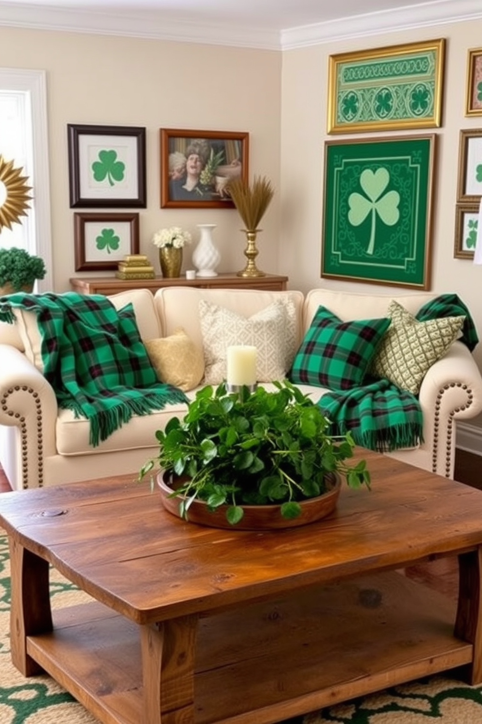 A cozy living room adorned with green plaid blankets draped over a plush, cream-colored sofa. Accents of gold and white decor complement the festive atmosphere, creating a warm and inviting space for St. Patrick's Day celebrations. The walls are decorated with framed art featuring shamrocks and Celtic patterns, enhancing the holiday spirit. A rustic wooden coffee table holds a centerpiece of fresh green flowers and candles, adding a touch of elegance to the festive decor.