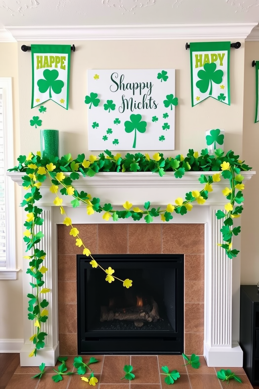 A festive St. Patrick's Day setting adorned with vibrant shamrock garlands draped across the mantelpiece, creating a lively focal point. Banners featuring cheerful green and gold designs hang from the walls, adding a playful touch to the overall decor.