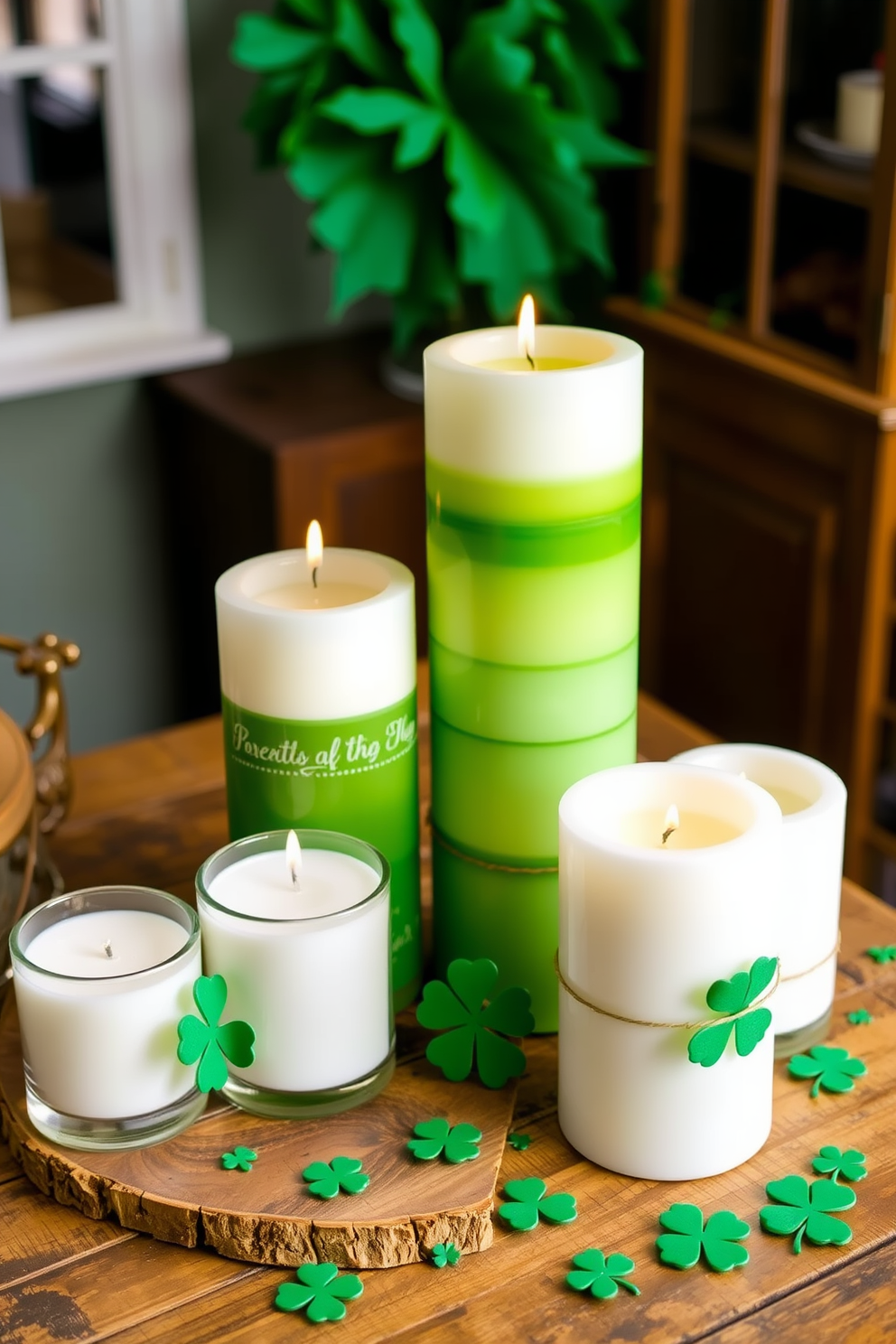 A cozy St. Patrick's Day setting featuring an assortment of green and white candles arranged on a rustic wooden table. The candles vary in height and texture, creating a layered look, while small shamrock decorations are scattered around them for a festive touch.