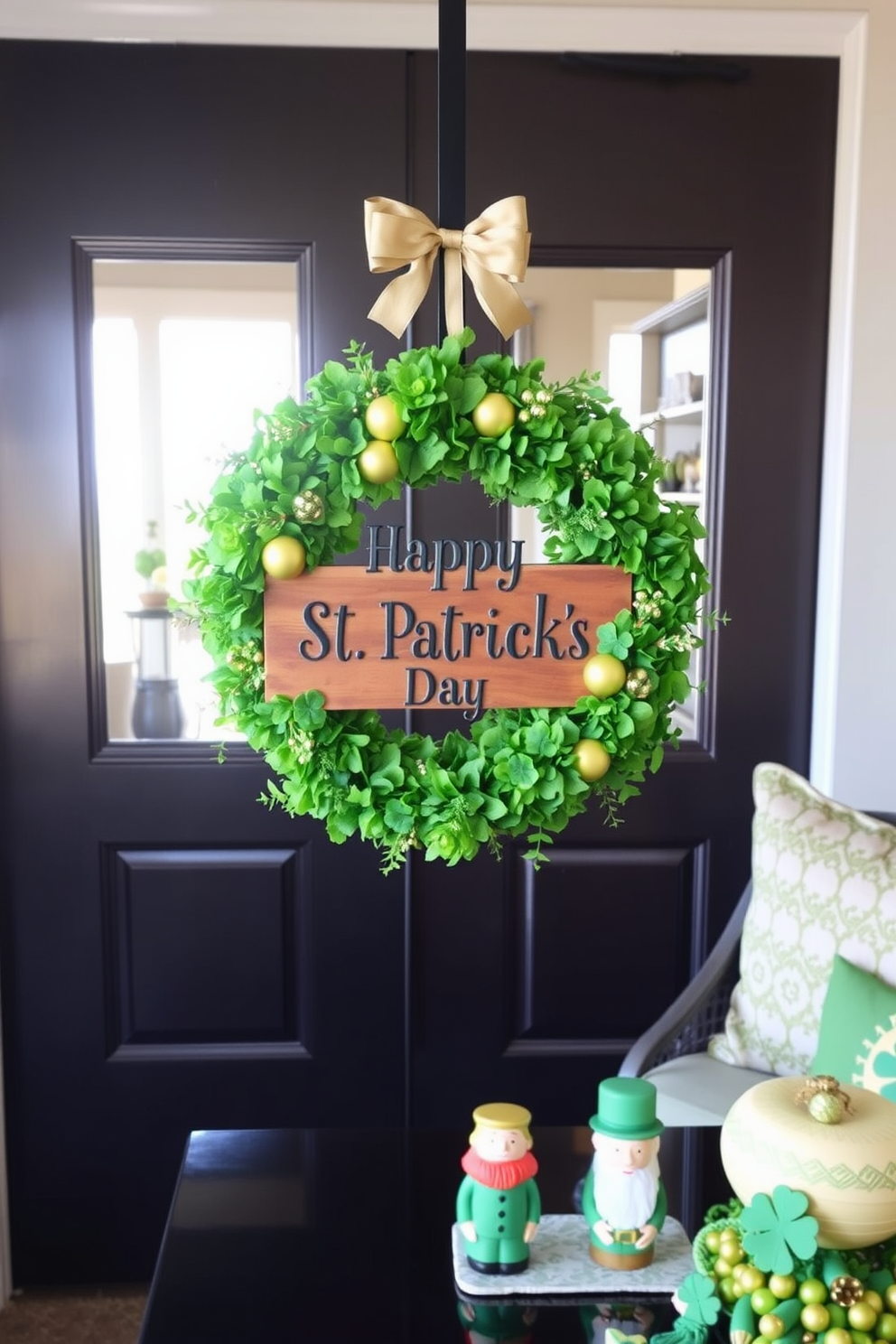 A festive St. Patrick's Day wreath hangs on the front door, crafted from vibrant green foliage and adorned with golden accents and shamrocks. The centerpiece features a rustic wooden sign that reads 