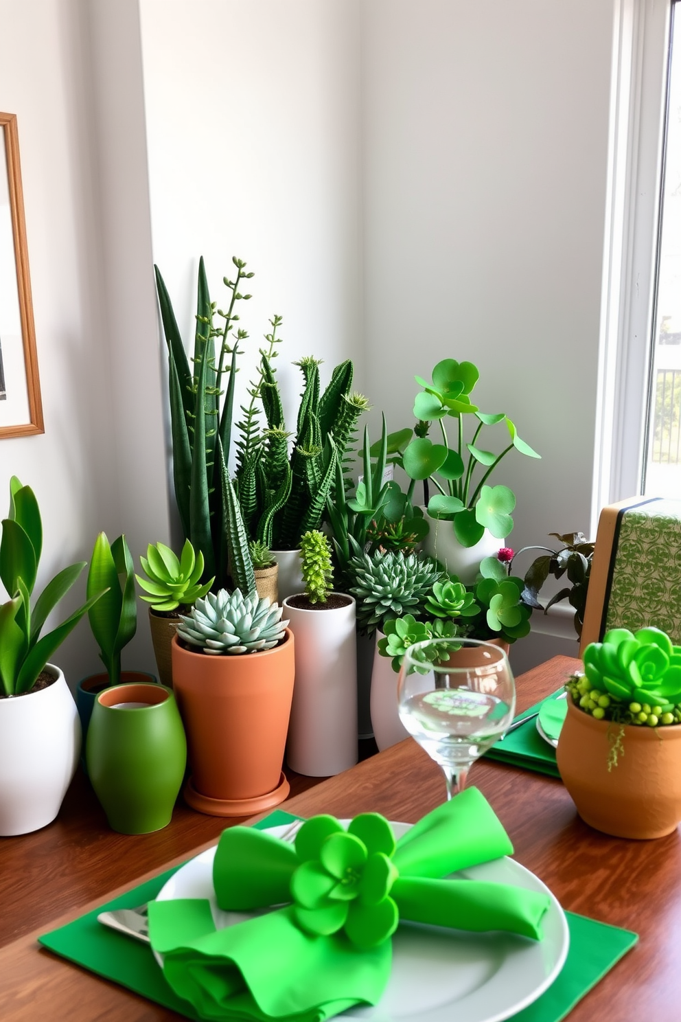 A vibrant display of green succulents and plants fills a bright corner of a modern living room. The arrangement features various shapes and sizes of pots, from sleek ceramic to rustic terracotta, creating a lively and refreshing atmosphere. For St. Patrick's Day decorating ideas, envision a cozy dining space adorned with festive green accents. Shamrock-themed table settings, including green napkins and centerpieces, enhance the celebratory spirit while maintaining an elegant aesthetic.