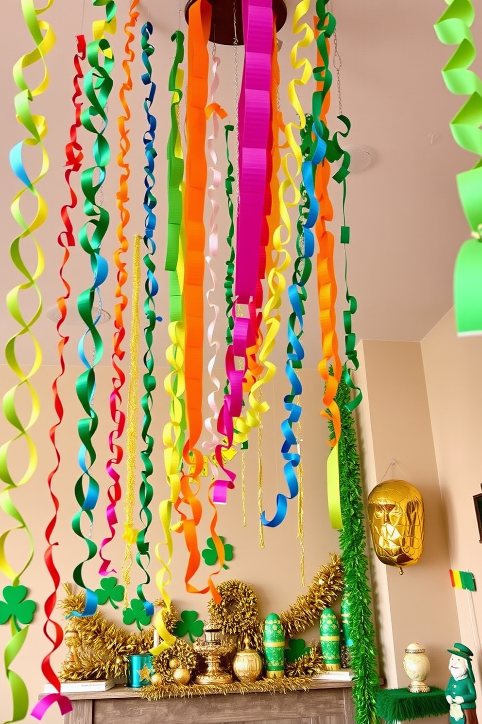 A vibrant display of rainbow paper chains drapes gracefully across the ceiling, creating a festive atmosphere. The chains, made of colorful, interlinked paper loops, sway gently, adding a playful touch to the room. For St. Patrick's Day, a charming arrangement of green and gold decorations adorns the space. Shamrock motifs, glittering gold accents, and whimsical leprechaun figurines create a cheerful and inviting setting, perfect for celebrating the holiday.