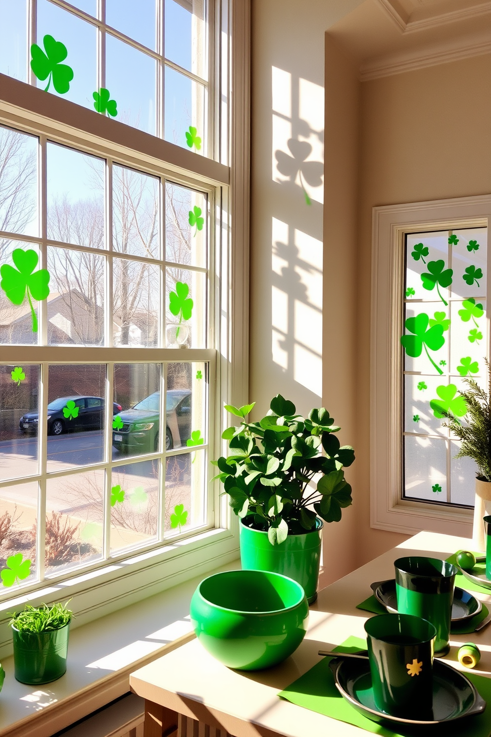 A festive St. Patrick's Day scene featuring vibrant shamrock window clings adorning large, sunlit windows. The clings are arranged in playful patterns, casting cheerful shadows on the light-colored walls and brightening the room with a touch of holiday spirit. Incorporate additional green accents throughout the space, such as a lush potted plant on a windowsill and green-themed table settings. The overall atmosphere is warm and inviting, perfect for celebrating the holiday with family and friends.