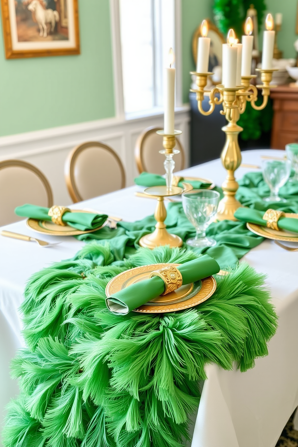 A festive dining table adorned with a lush green table runner that cascades elegantly over the edges. Accents of gold are incorporated through ornate candle holders and shimmering napkin rings, creating a vibrant St. Patrick's Day atmosphere.