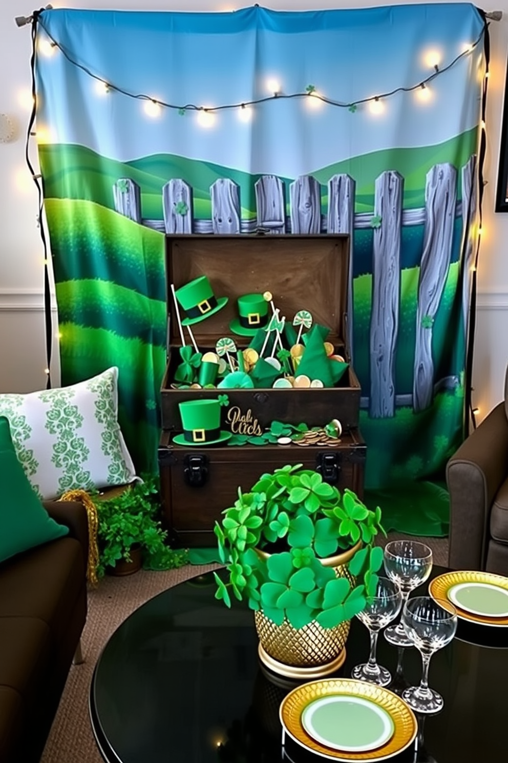 A vibrant Irish-themed photo booth featuring a backdrop of lush green hills and a rustic wooden fence adorned with shamrocks and fairy lights. In front of the backdrop, a vintage trunk filled with props like leprechaun hats, gold coins, and green scarves invites guests to pose for fun photos. For St. Patrick's Day decorating ideas, envision a cozy living room adorned with green and gold accents, including cushions and throw blankets. A festive table setting showcases a centerpiece of fresh shamrocks in a decorative pot, complemented by gold-rimmed plates and sparkling drinkware.