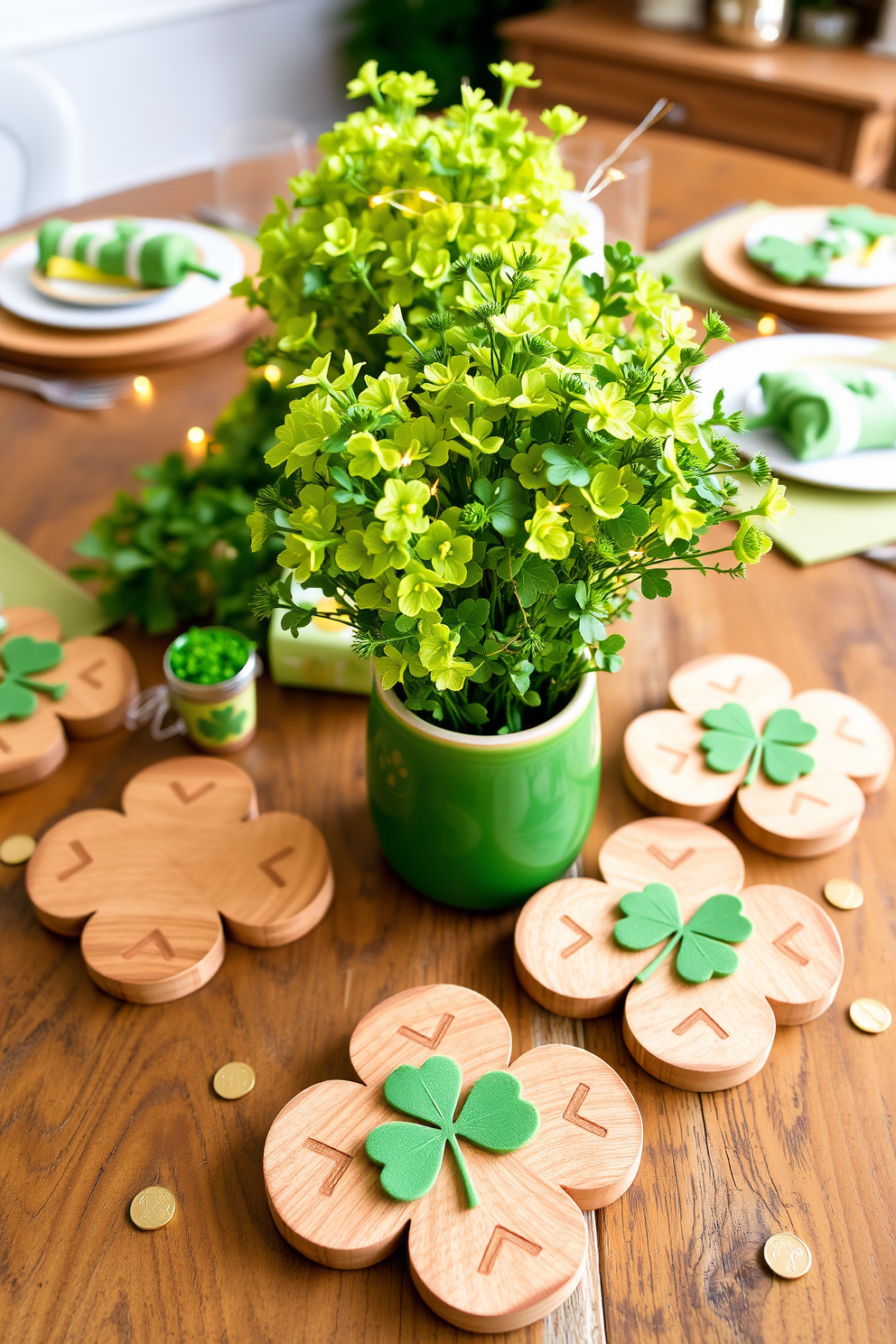 A charming arrangement of clover-shaped coasters made from natural wood, each intricately carved with delicate leaf patterns. These coasters rest on a rustic wooden table, surrounded by festive green decorations and small potted shamrocks. A vibrant St. Patrick's Day tablescape featuring a mix of gold and green accents. The centerpiece includes a bouquet of fresh green flowers in a ceramic vase, complemented by twinkling fairy lights and scattered gold coins for a touch of whimsy.