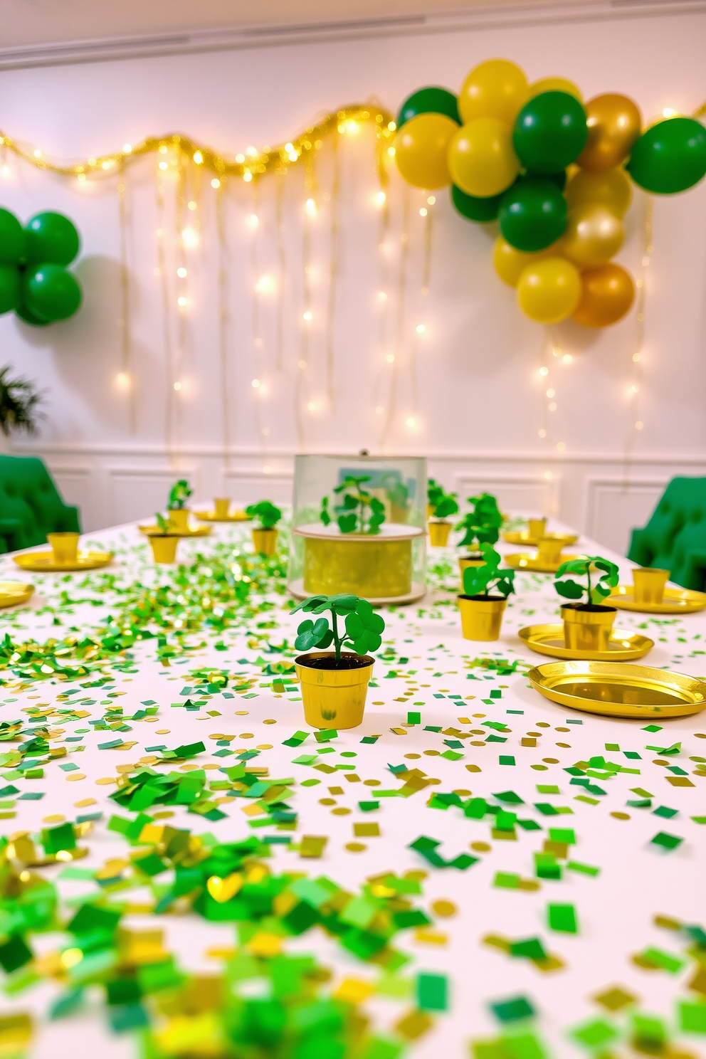 A festive St. Patrick's Day setting filled with vibrant green and shimmering gold confetti scattered across a white tablecloth. The table is adorned with small potted shamrocks and gold-rimmed plates, creating a cheerful and inviting atmosphere. In the background, a garland of green and gold balloons drapes elegantly along the wall, enhancing the celebratory vibe. Soft lighting from string lights adds warmth, making the space perfect for a gathering of friends and family.