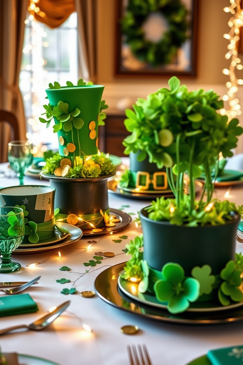 A whimsical St. Patrick's Day setting featuring vibrant leprechaun hats as centerpieces on a festive dining table. Each hat is adorned with sparkling gold coins and lush green shamrocks, surrounded by twinkling fairy lights and cheerful green tableware.