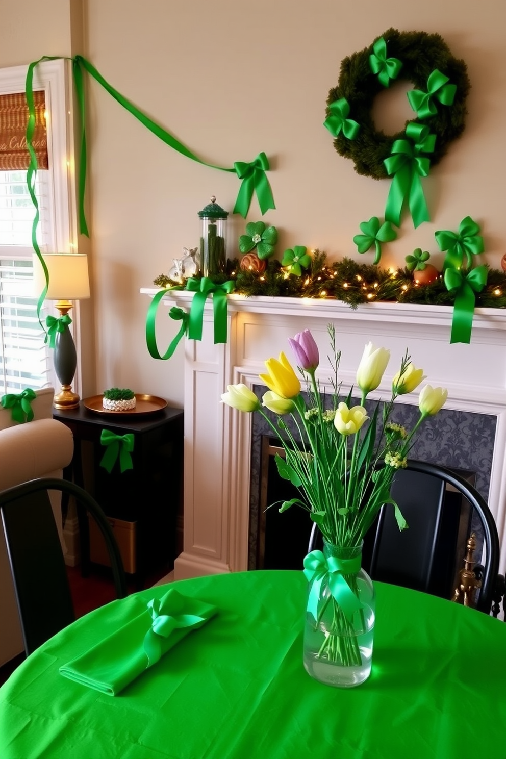 A charming St. Patrick's Day living room adorned with green ribbon accents. The ribbons are elegantly draped over the mantelpiece, complementing a collection of festive shamrock decorations and twinkling fairy lights. A cozy dining area featuring a table set with a vibrant green tablecloth and matching napkins tied with green ribbons. Fresh flowers in a vase, accented with green ribbons, add a touch of spring to the festive atmosphere.