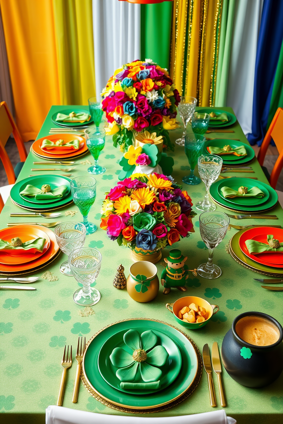 A vibrant table setting adorned with rainbow-colored tableware, featuring a mix of plates, napkins, and glasses in bright hues. The centerpiece consists of a stunning floral arrangement with multicolored blooms, complemented by shimmering gold accents throughout the decor. A festive St. Patrick's Day display that incorporates shades of green with touches of gold and white. The table is set with shamrock-patterned tablecloths, along with playful decorations such as leprechaun figurines and pots of gold as centerpieces.