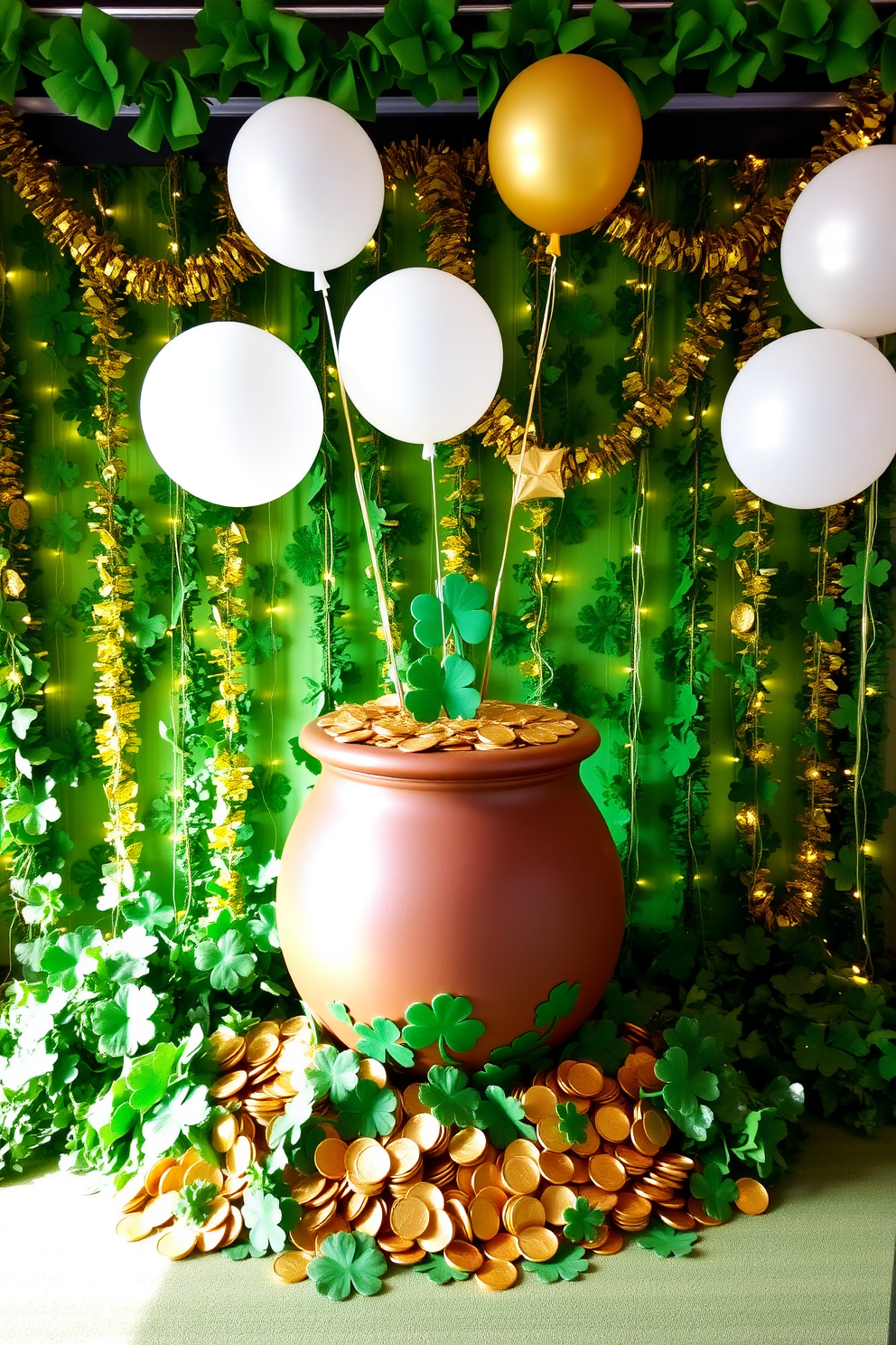 A vibrant St. Patrick's Day display featuring a decorative pot of gold at the center, surrounded by lush green shamrocks and twinkling fairy lights. The backdrop is adorned with festive garlands in shades of green and gold, creating a cheerful and inviting atmosphere. The pot is overflowing with gold coins and glittering treasures, enhancing the celebratory mood. Accents of white and gold balloons float above, adding a whimsical touch to the overall design.