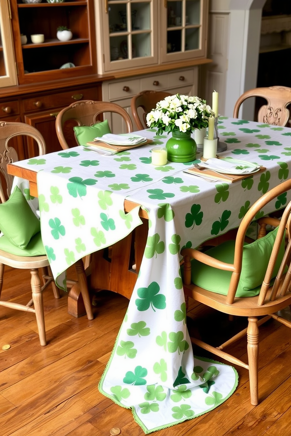 A charming dining setup featuring clover-patterned tablecloths draped elegantly over a rustic wooden table. Surrounding the table are mismatched vintage chairs, each adorned with small green cushions to enhance the festive atmosphere. On the table, a centerpiece of fresh white flowers in a green vase complements the tablecloths beautifully. Scattered around the table are small decorative items like gold coins and shamrock-shaped candles, adding a playful touch to the St. Patrick's Day celebration.