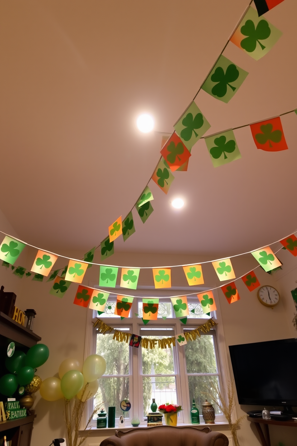 A festive St. Patrick's Day scene featuring vibrant Irish flag bunting strung across the room. The bunting is complemented by green and gold decorations, creating a cheerful atmosphere perfect for celebrating the holiday.