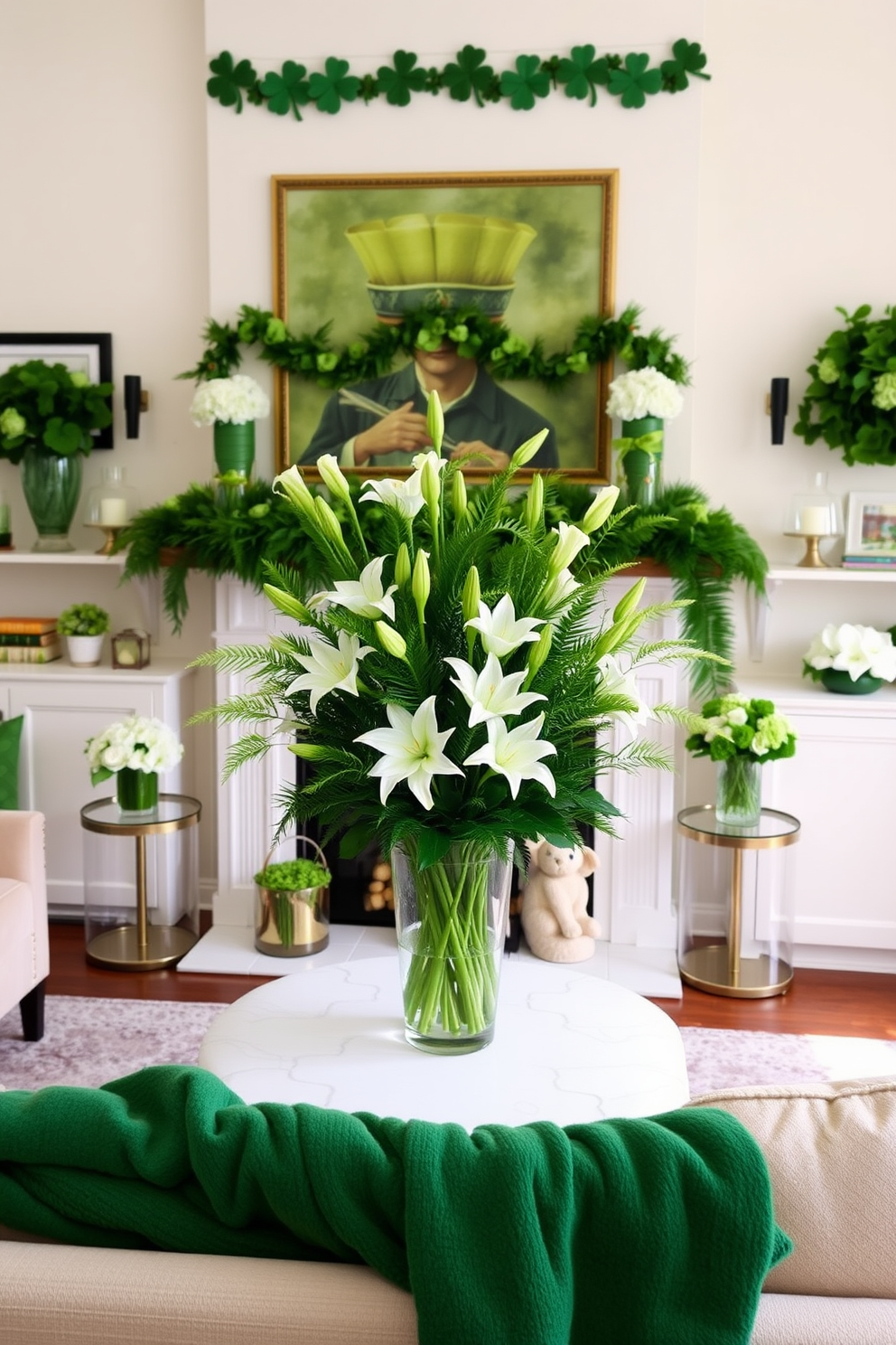 A vibrant St. Patrick's Day themed living room adorned with green and white floral arrangements. The centerpiece is a large vase filled with fresh white lilies and lush green ferns, surrounded by smaller arrangements on side tables and shelves, creating a festive yet elegant atmosphere. The walls are decorated with subtle green accents, and festive shamrock garlands hang above the mantelpiece. Soft, neutral-colored furniture complements the decorations, while a cozy throw blanket in a rich emerald hue adds warmth to the space.