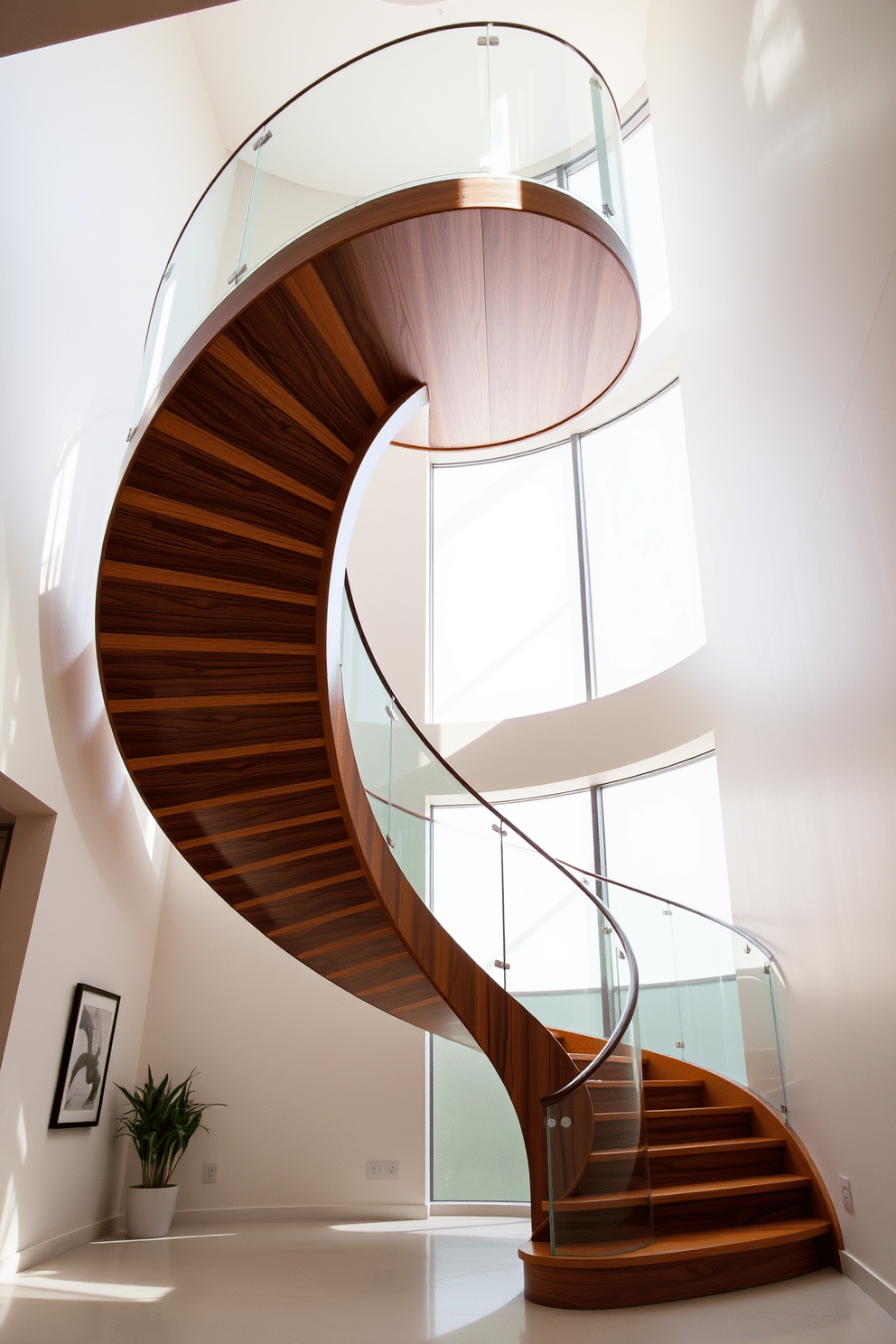 A stunning spiral staircase elegantly ascends, featuring a sleek glass railing that enhances the sense of openness. The staircase is crafted from rich hardwood, contrasting beautifully with the modern aesthetic of the surrounding space. Natural light floods the area, highlighting the intricate details of the spiral design while casting soft shadows on the walls. The staircase serves as a striking focal point, seamlessly blending functionality with artistic flair.