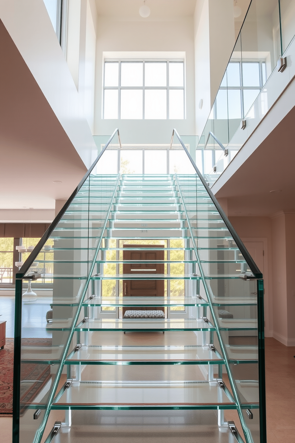 A stunning glass staircase with sleek, minimalist railings that enhances the sense of openness in the space. The steps are crafted from clear tempered glass, allowing light to flow freely and creating an unobstructed view of the surrounding area. The staircase is set against a backdrop of a modern, airy foyer with high ceilings and large windows. Soft natural light floods the space, highlighting the elegant contours of the glass and creating a striking visual impact.