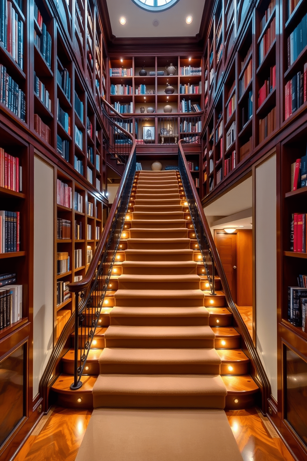 A grand staircase featuring integrated bookshelves on either side, crafted from rich mahogany wood. The shelves are filled with an array of books and decorative items, creating an inviting and intellectual atmosphere. The staircase itself showcases elegant wrought iron railings, with soft, warm lighting illuminating each step. A plush runner in a muted color adds comfort and style, enhancing the overall aesthetic of the space.