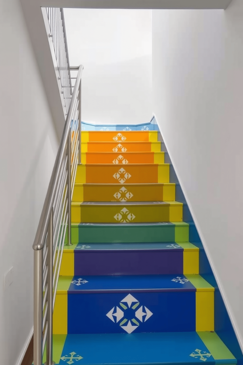 A vibrant staircase featuring a gradient of colors that transition smoothly from deep blue at the bottom to bright yellow at the top. The steps are adorned with hand-painted geometric patterns, adding a playful touch to the overall design. The staircase railing is crafted from sleek metal with a modern finish, complementing the colorful steps. Surrounding the staircase, walls are painted in a crisp white to enhance the brightness of the colors and create a clean backdrop.