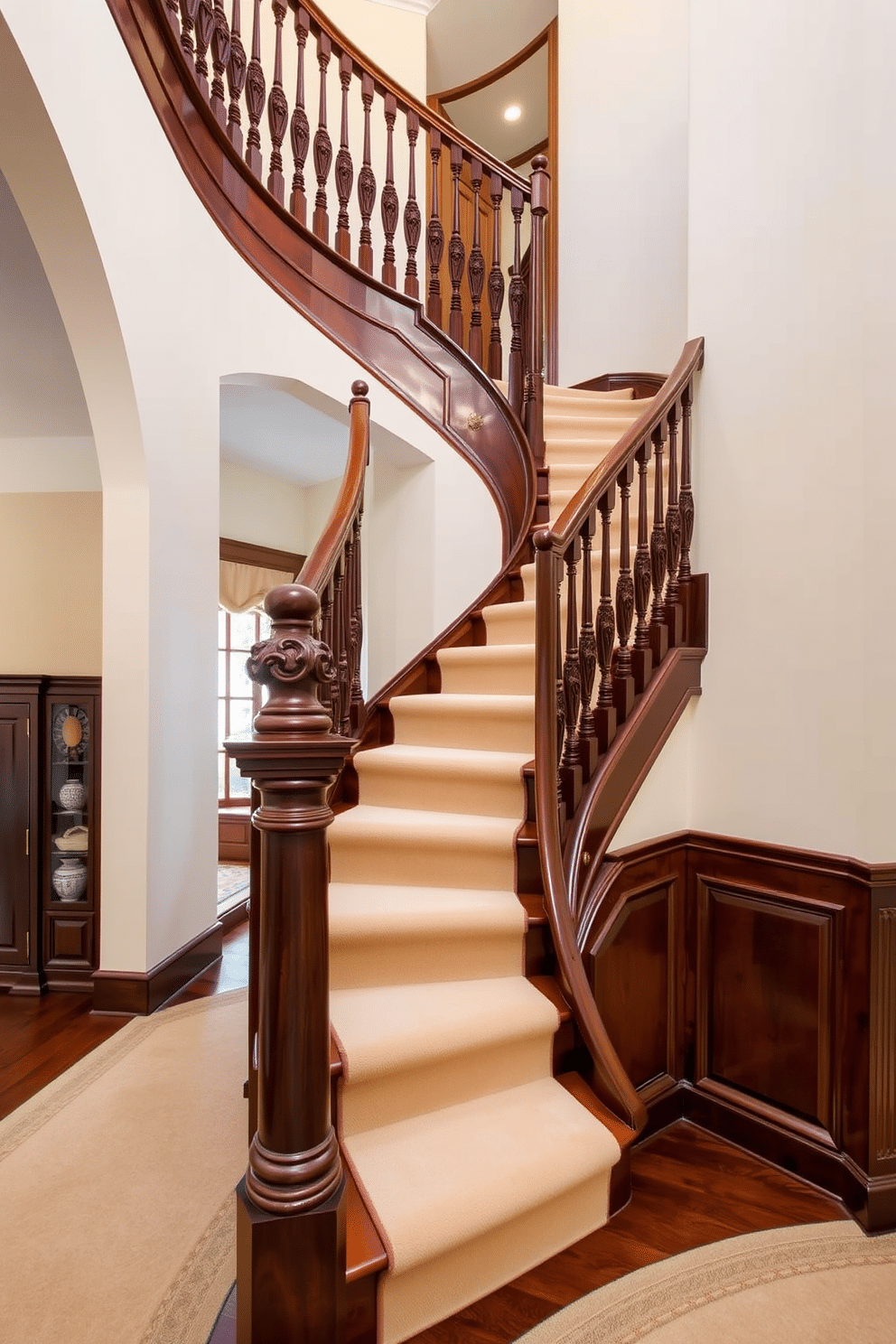 A grand, elegant curved staircase gracefully ascends to the upper level, showcasing intricately designed balusters that add a touch of sophistication. The staircase is finished in rich mahogany, with a plush runner in a soft cream hue that contrasts beautifully against the dark wood.